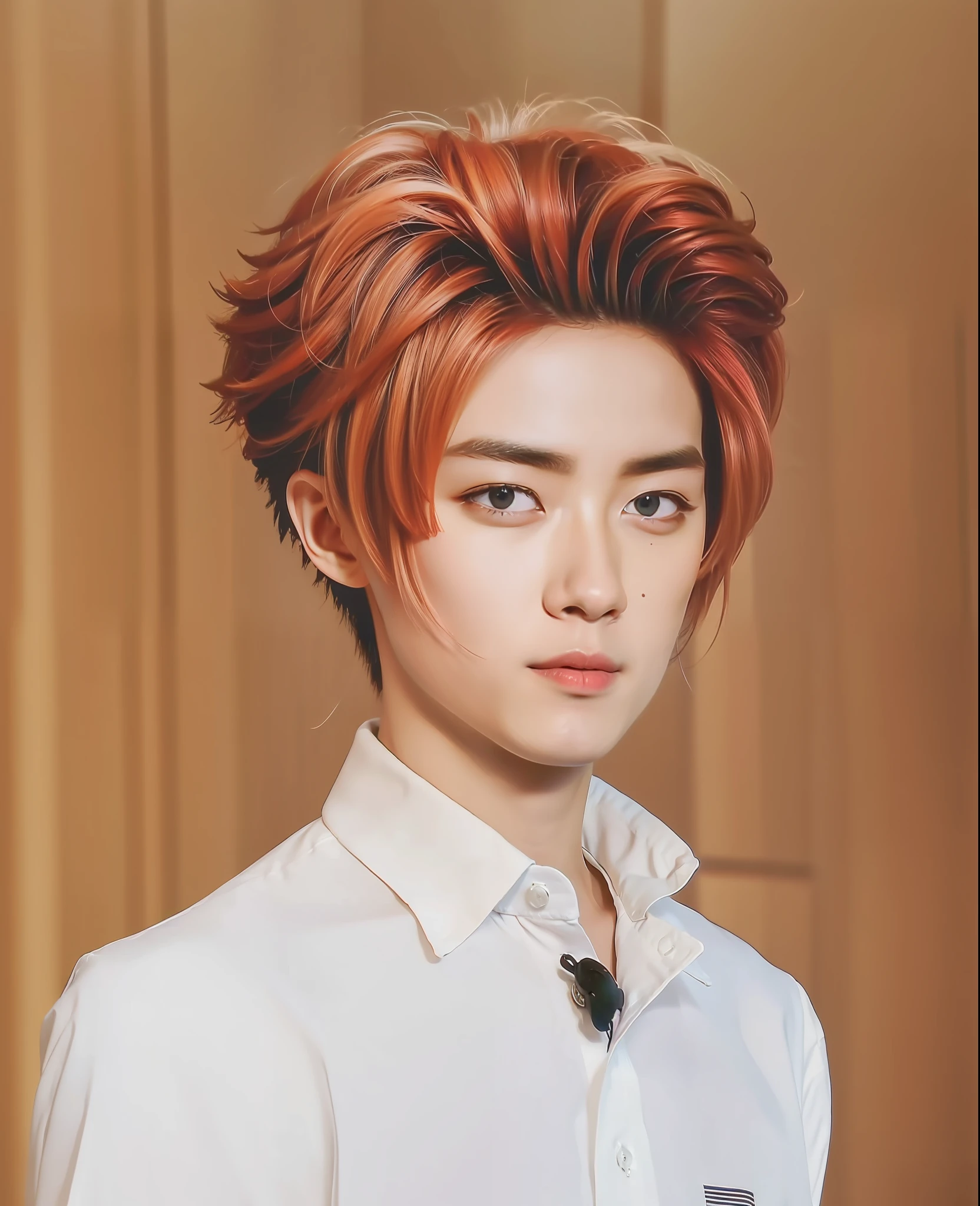 boy, Itoshi Sae, handsome boy, white shirt, red hair, green eyes, realistic, ultra detail, 70mm lens,
