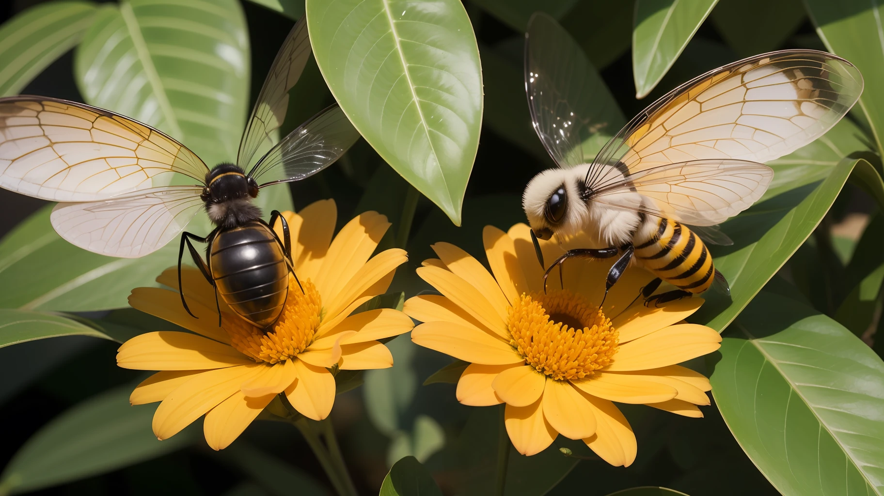 (extremely detailed), high-quality, An extraordinary and detailed illustration, (3 abejas africanas), vuelan en el aire con sus coloridas alas, sus patas son visibles, sus ojos son brillantes y negros, They are surrounded by a beautiful and vibrant African flora, with details such as leaves and small flowers, y un fondo difuso e impresionante.