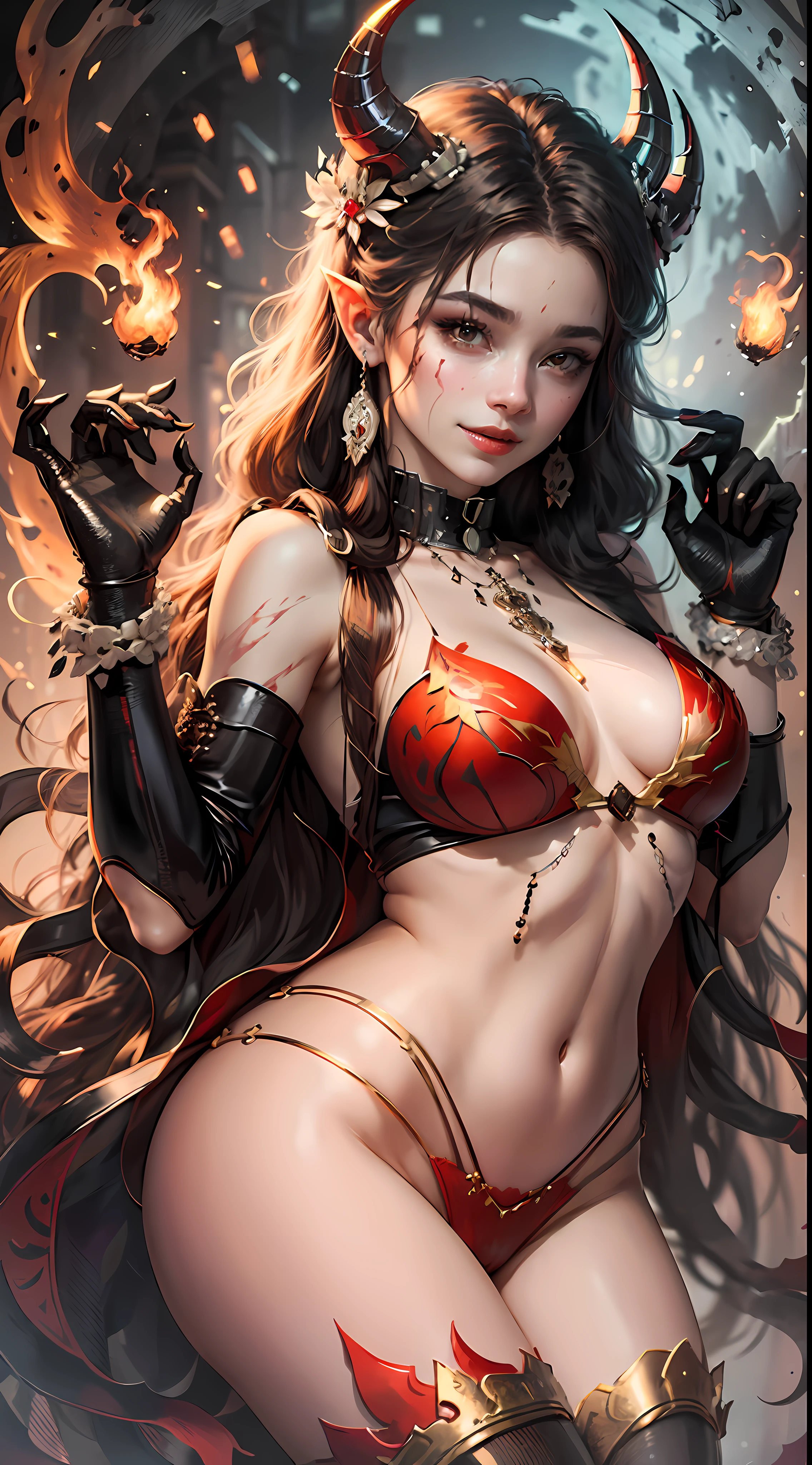 (masterpiece, top quality, best quality, official art, beautiful and aesthetic:1.2), (1girl:1.3), (fractal art:1.3),High resolution, in unified theory, in DMT effects, nganga, mamá chola palo mayombe left hand path Osha Seth Draconian by Lovecraft's, Artgerm by Marvel comics style, UHD, 4K, high vivid colored, high ilumination, Insainly detailed, best quality, expert artist, 1demon, ((red-skin demon)), breasts, claw_pose cleft_of_venus, sexy, seductive, sensual, femenine, (colored red _skin) cross_scar fang gloves groin, hair ornament, hood_down horns, (large breasts), long_hair, looking_at_viewer navel (red oni), pointy_ears,, red_oni red_skin, hell, single_glove dinamic pose, smile, solo, very_long_hair detailed_background white_ large hair, wrist_wrap --auto
