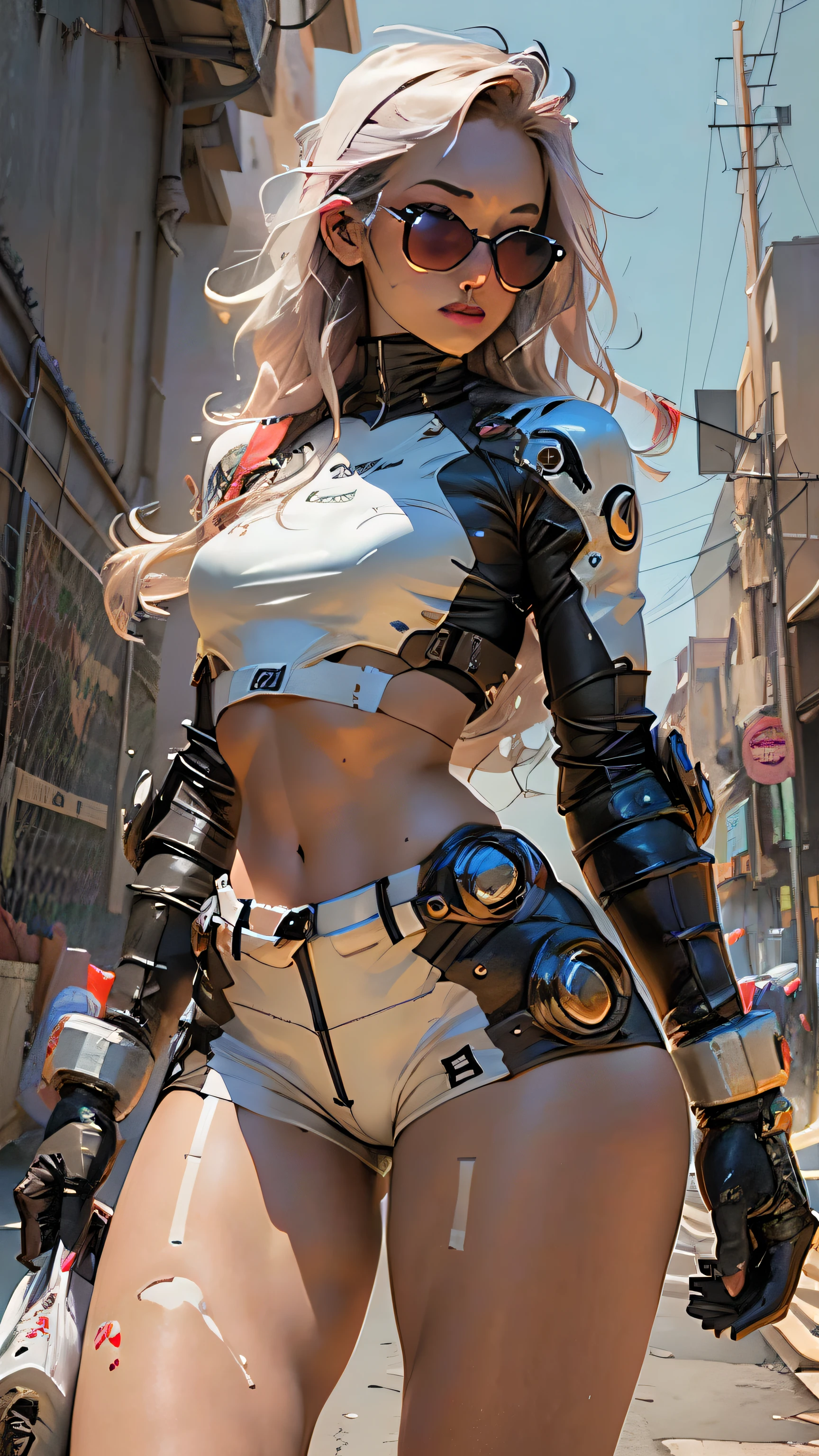 Woman body defined thick thighs cybernetic body parts, short underwear