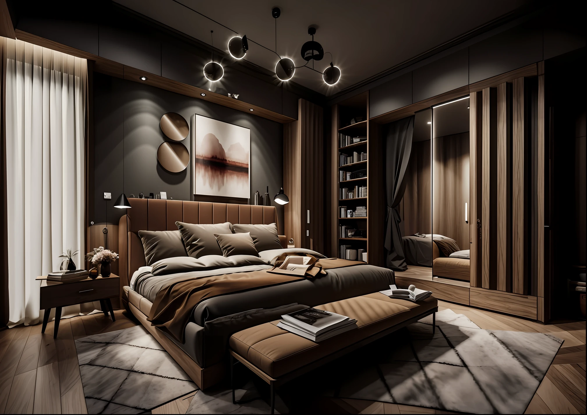 ((masterpiece), best quality, ultra realistic, super detailed, [(raw photo, 8k, ultra high res:1.1)], [nightlight:1.2], good contrast, [(32k:0.6, ultra realistic:0.8)], (bedroom:1.1))