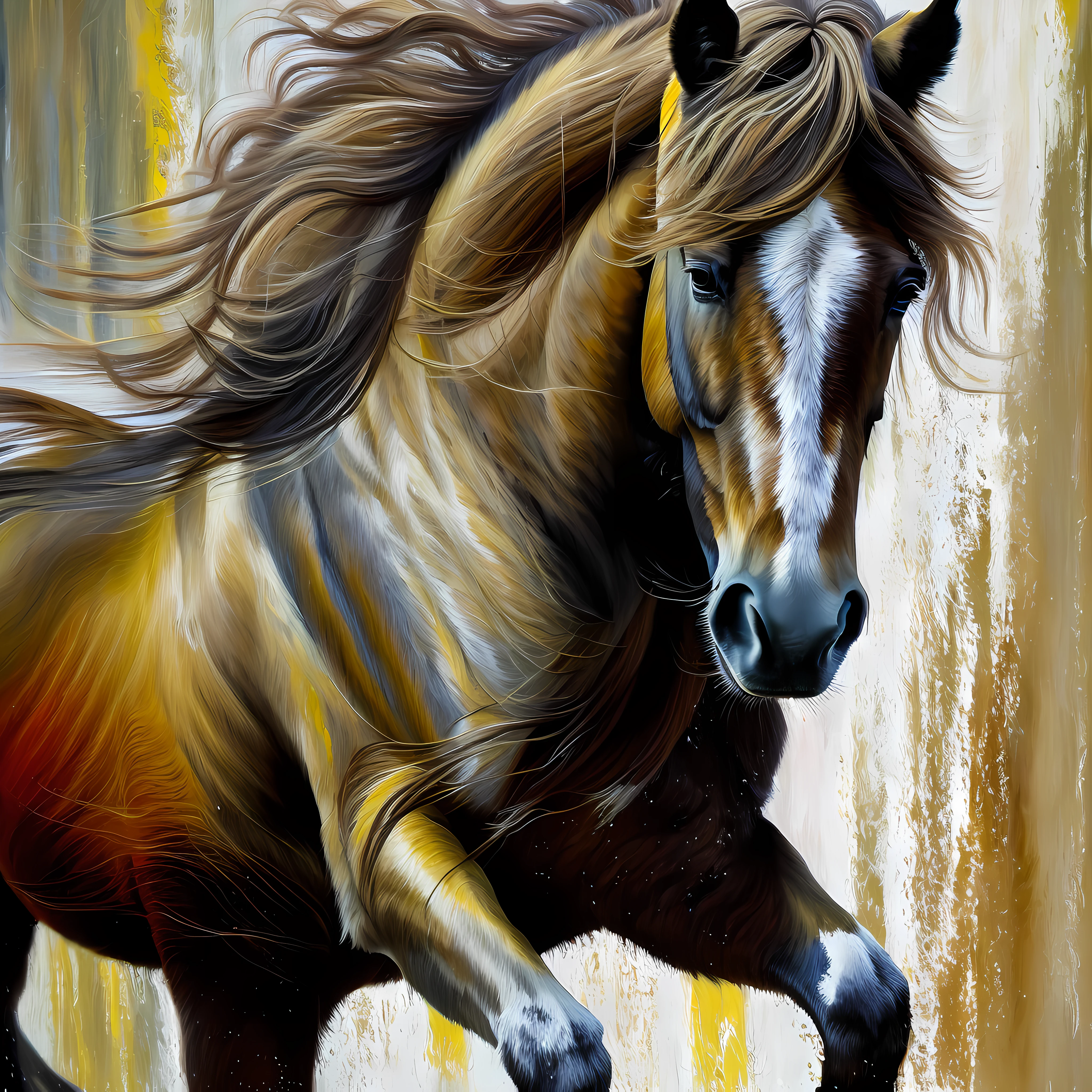 Painting of yellow stripes of a horse running in the wind, flowing mane, digital horse, airbrush digital oil painting, inspired by John Frederick Herring, small., inspired by John Frederick Herring, Sr., stunning digital painting, high quality digital painting, digital airbrush painting, beautiful painting of a tall, digital art oil painting, digital painting highly detailed