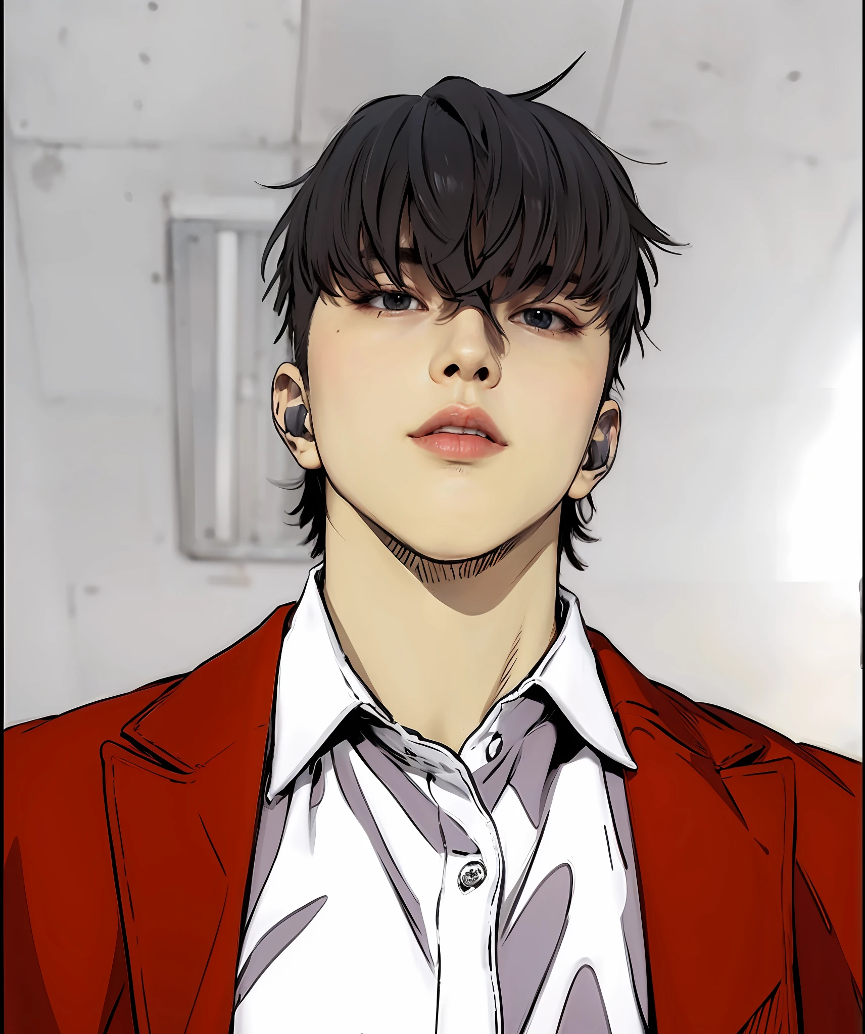 masterpiece, 1boy, mullet cut hair, school uniform, collared shirt, red blazer, buttoned shirt, close up, looking down at viewers