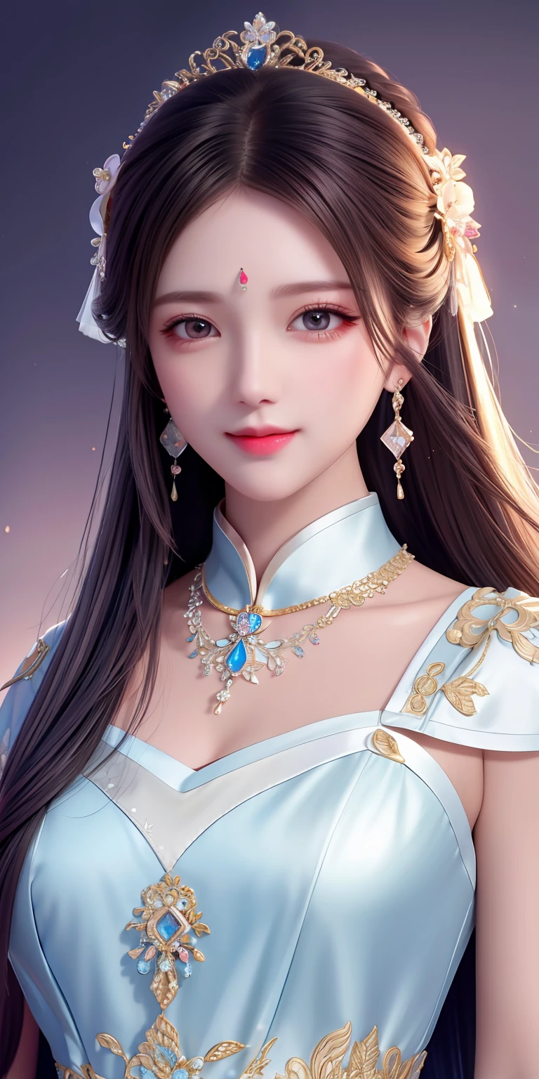 Best Quality, Masterpiece, High Resolution, 1girl, Clear Silk Porcelain Dress, Pretty Face, Hair Accessories, Look at the Audience, Smile, Close Mouth, Lips, Dress, Hair Accessories, Necklaces, Jewelry, Long Hair, Earrings, Beautiful Face, Body, Tindal Effect, Realism, Shadow Studio, Edge Lighting, Two-Color Lighting, (High Detail Skin: 1.2), 8k UHD, DSLR, Soft Light, High Quality, Volume Lighting, Photo, High Resolution 4K, 8k, Blurred Background
