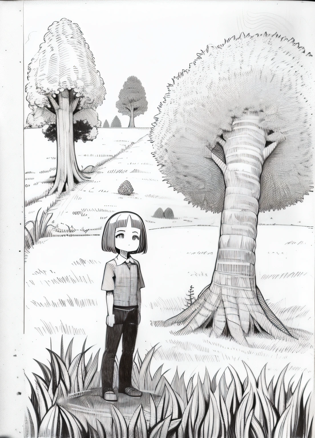 Photo of a girl with a kite standing in a field, Inspired by Junji Ito, standing in forest, pencil and ink manga, pencil and ink manga drawing, com arvores, some trees in the background, standing in forest, Green trees!!, with a tall tree, Standing in the forest, next to a tree, standing in an apple orchard