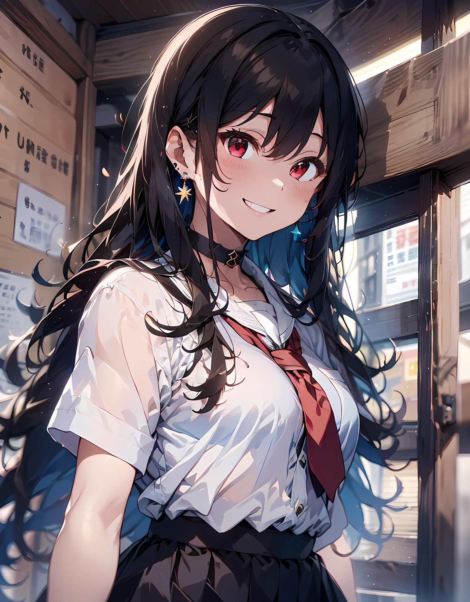 masterpiece, best quality, highres, Japanese school girl, 1girl, black hair, long hair, multicolored hair, red eyes, jewelry, earrings, piercing, school uniform, white shirt, tied shirt, black choker, blue necktie, plaid skirt, grin, smile, standing, cowboy shot, outdoors,