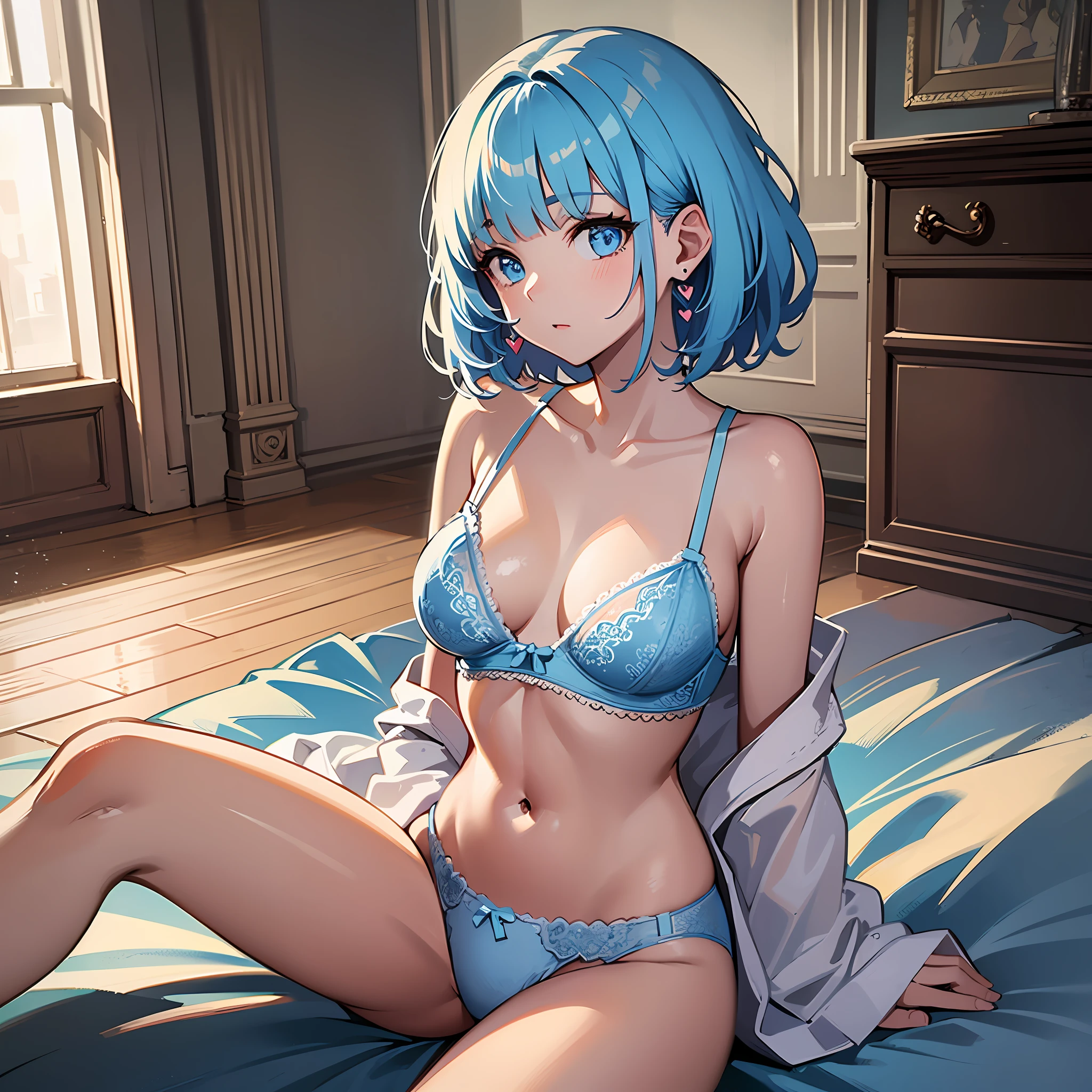 (masterpiece:1.3), (best quality:1.3), high resolution,
dutch angle, overlook view, couboy shot,
sitting, breast squeeze, body facing forward,
(one cute girl:1.3), solo,
white skin, small Breast, eight-headed person,
light blue hair, (bobbed hair:1.2), (short hair:1.2), (blunt bangs:1.2), beautiful hair, blue eyes, beautiful detailed eyes,
heart, thinking,
underwear, earrings,
indoors, white room, dressing room,
shadowlighting,