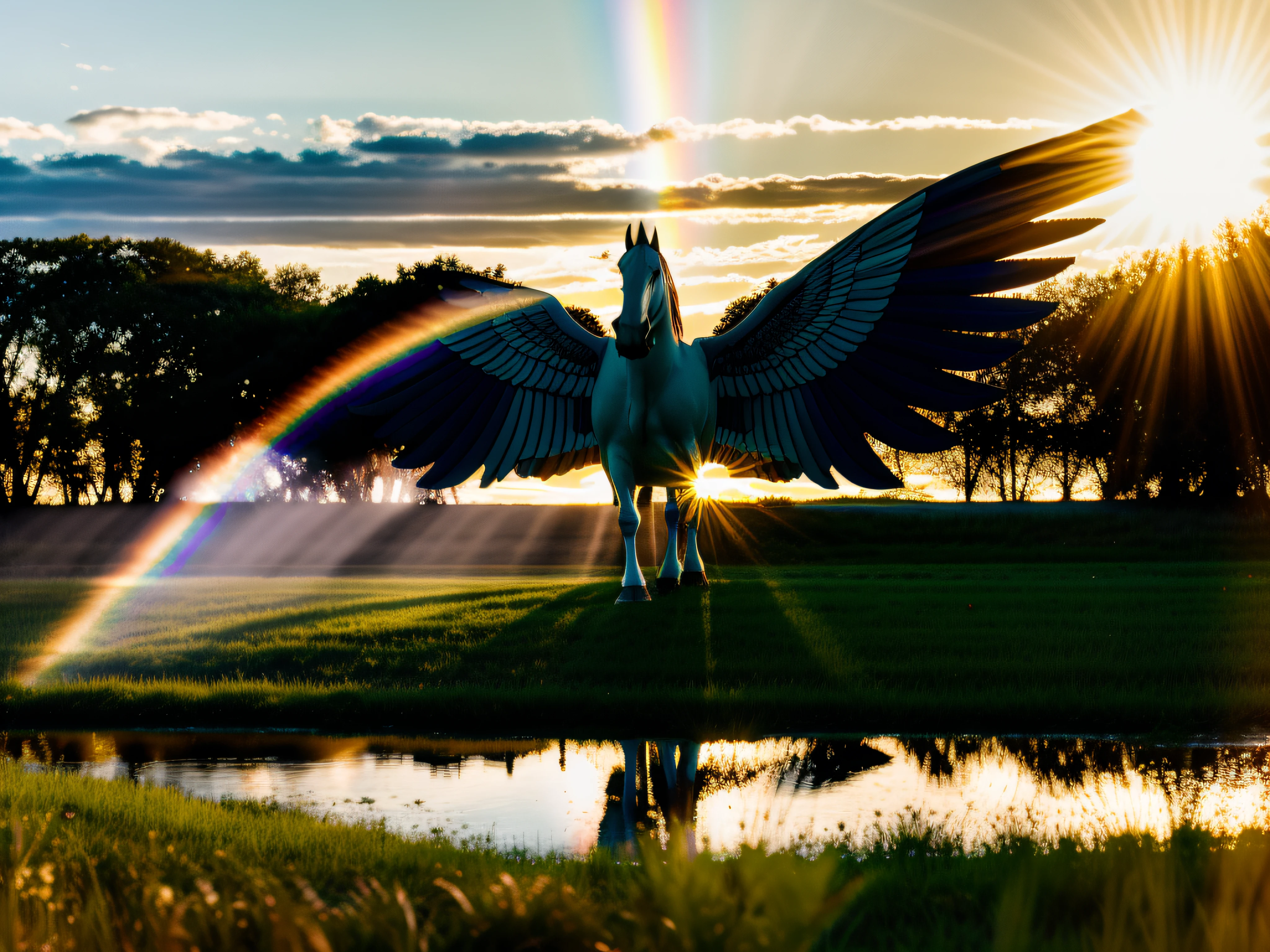 pegasus in the meadow with a rainbow and a sunset, reflection light, Nikon, 35mm, Fujifilm, Fujicolor, god rays, lens flare, 8k, super detail, ccurate, best quality, award winning