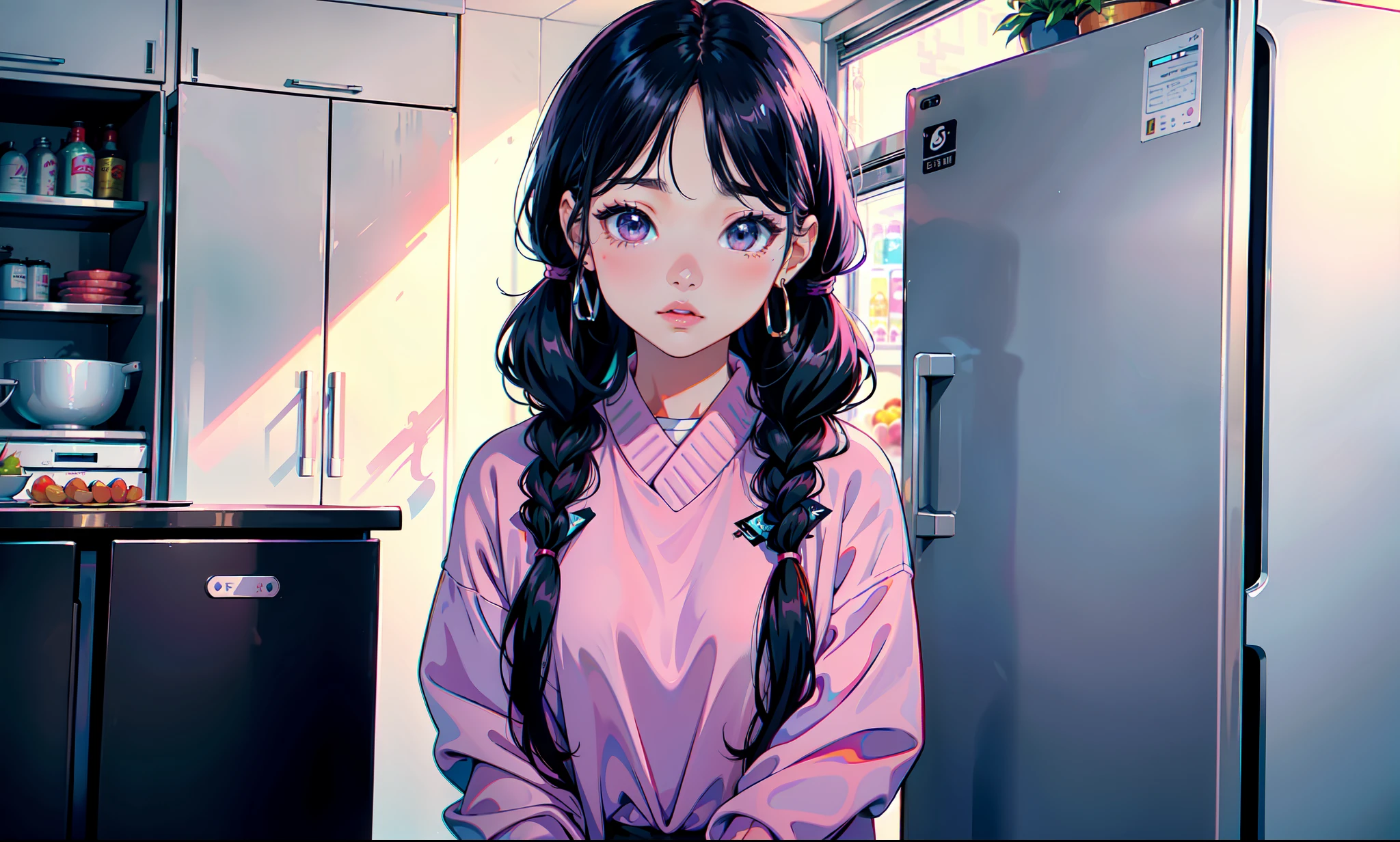 a close up of a woman with long hair standing in front of a refrigerator, blackpink jennie, jossi of blackpink, straight hairstyle, with long hair, portrait of jossi of blackpink, violet long hair, gongbi, sha xi, pigtails hairstyle, jaeyeon nam, taejune kim, the hime cut, roseanne park of blackpink