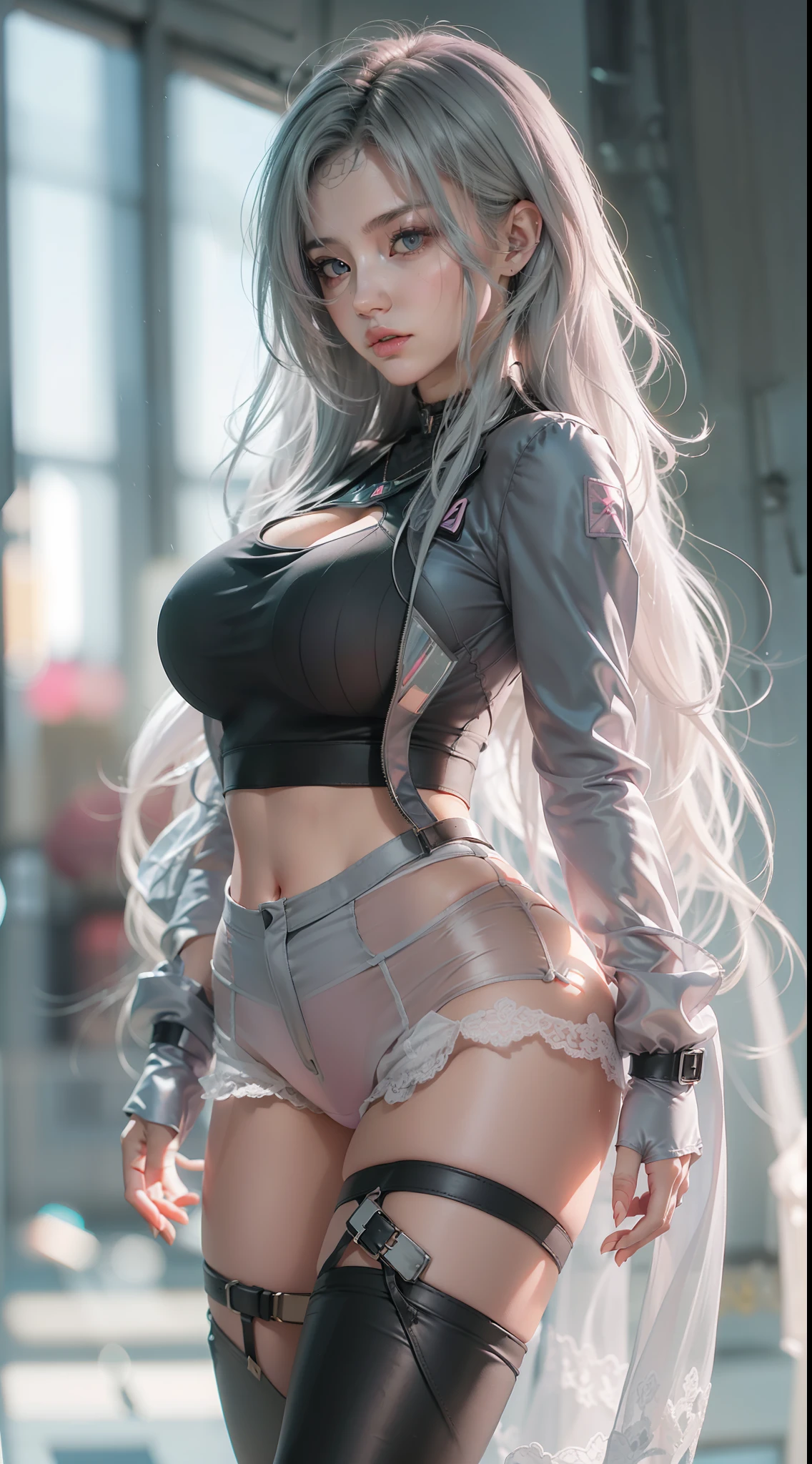 (Best Quality), ((Masterpiece), (Detail: 1.4), 3D, A Beautiful Cyberpunk Woman, HDR (High Dynamic Range), Ray Tracing, NVIDIA RTX, Super-Resolution, Unreal 5, Subsurface Scattering, PBR Textures, Post-Processing, Anisotropic Filtering, Depth of Field, Maximum Sharpness and Clarity, Multi-layer Textures, Albedo and Highlight Maps, Surface Shading, Accurate simulation of light-material interactions, perfect proportions, Octane Render, two-color light, large aperture, low ISO, white balance, rule of thirds, 8K RAW, big breasts, big breasts, big breasts, double breasts, breast augmentation, pants coming off, clothes slipping off, nudity, gray hair, long hair, long hair and waist, lace trim, transparent clothing, transparent clothes, coquettish, fat buttocks, full type, full body, fat buttocks, very large, thick legs, thighs, sexy charm, thong, no clothes, miniskirt, big ass, upturned buttocks, Pouting ass, pouting, short clothes, short pants, transparent clothes, pink cute, pink tender