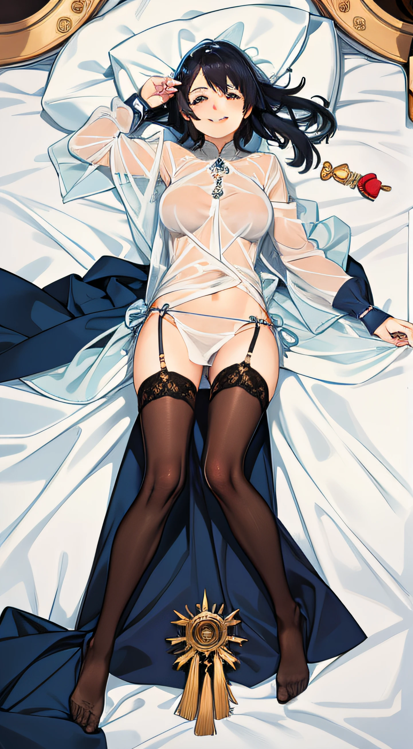 female idol, see-through cloth, no underwear, cum leaked, wet body, on bed, top quality, bitch smile face, embressed facial express, medium breast, 18years old, full body, 4K