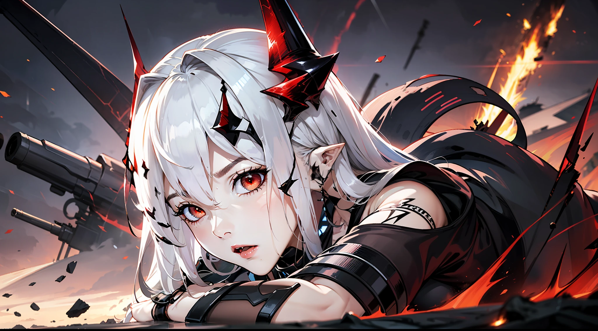 (floating and spread hair:1.2), (detailed and delicate and flexible eyes),(1girl,solo,arm, oripathy lesion (arknights),splash ink,angry.open_mouth,shout,white hair,red eyes, hair ornament, pointy ears,oripathy lesion (arknights), infection monitor (arknights),black horns,Clothes are damaged,Injuries, abrasions:1.2),mudrock (arknights), (corrpution,cowboyshot:1.15), kda, fov,f/1.8, side lighting, sunlight on people (masterpiece, best quality, Ultra Detail, wallpaper, detailed shiny skin, flawless, 8k, RAW, highres,absurdres,:1.3), (detailed super oily shiny skin:1.1),[wet:0.8|mucus], colorful, power scene,(imid shot:0.95), (Dynamic angle, upper body,Battlefield, artillery fire, ruins, ashes, dark lightning effects and Flame particle effect),