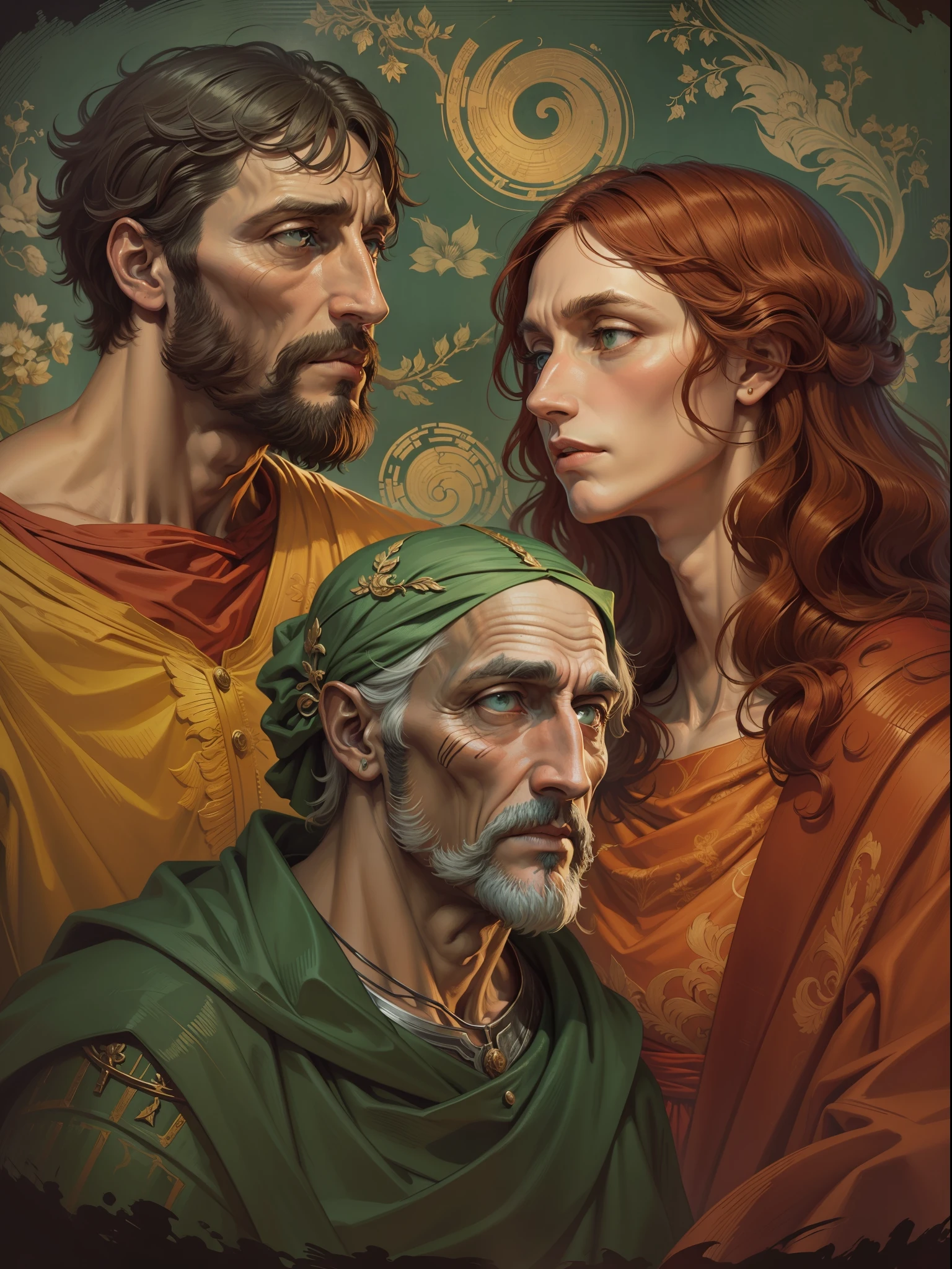 Dante Alighieri (homem), Virgil (homem) e Beatriz (mulher), three characters from The Divine Comedy, Illustration in Van Gogh style, cena muito bonita, 4k, detalhista.