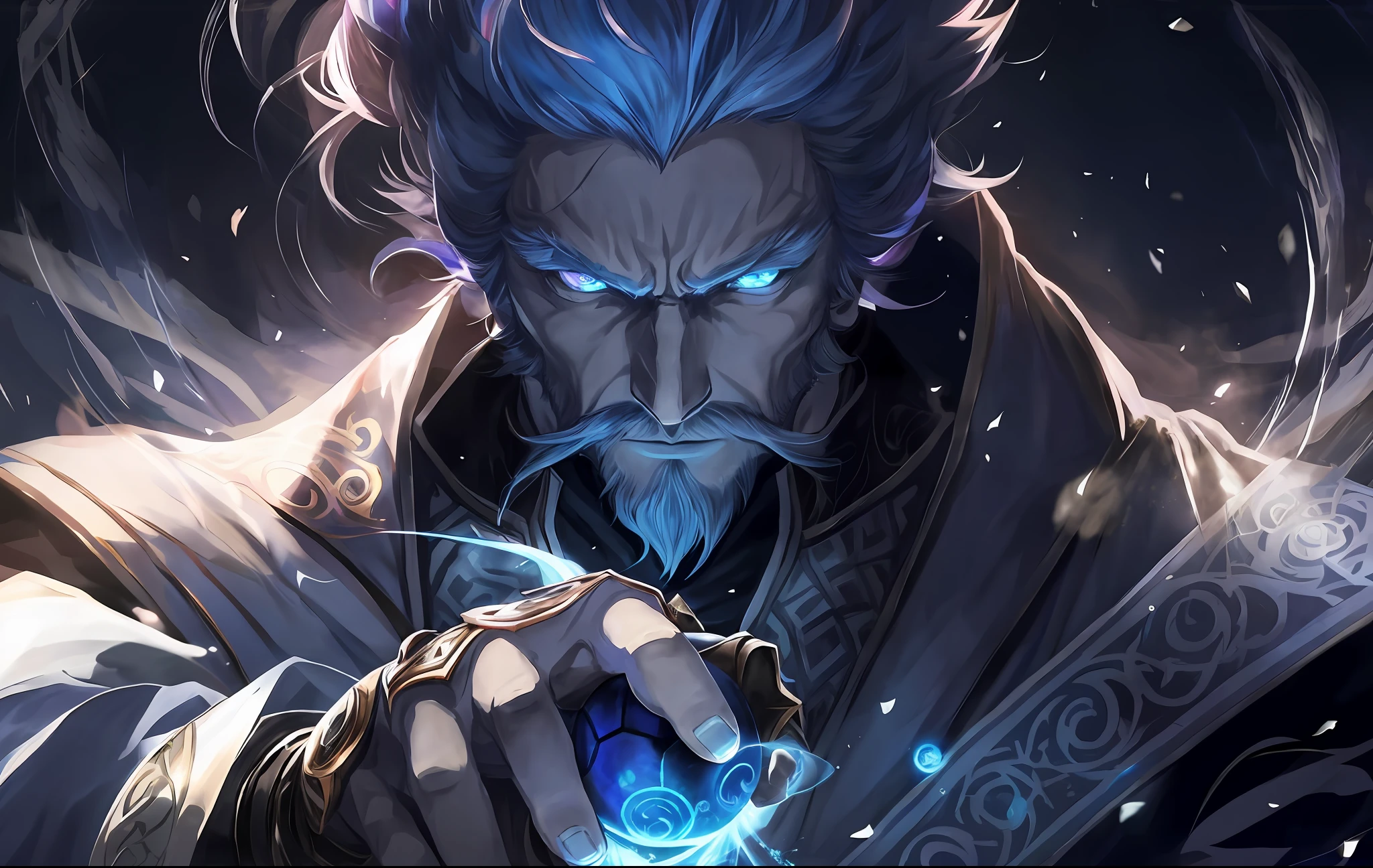 Anime, A blue-eyed man holds a glowing ball, an arcane wizard casting a spell, evil male sorcerer, league of legends arcane, Mage, Arcane : League of Legends, arcane league of legends, portrait of a mage, arcane art style, evil sorcerer, old male archmage, mages, mohrbacher