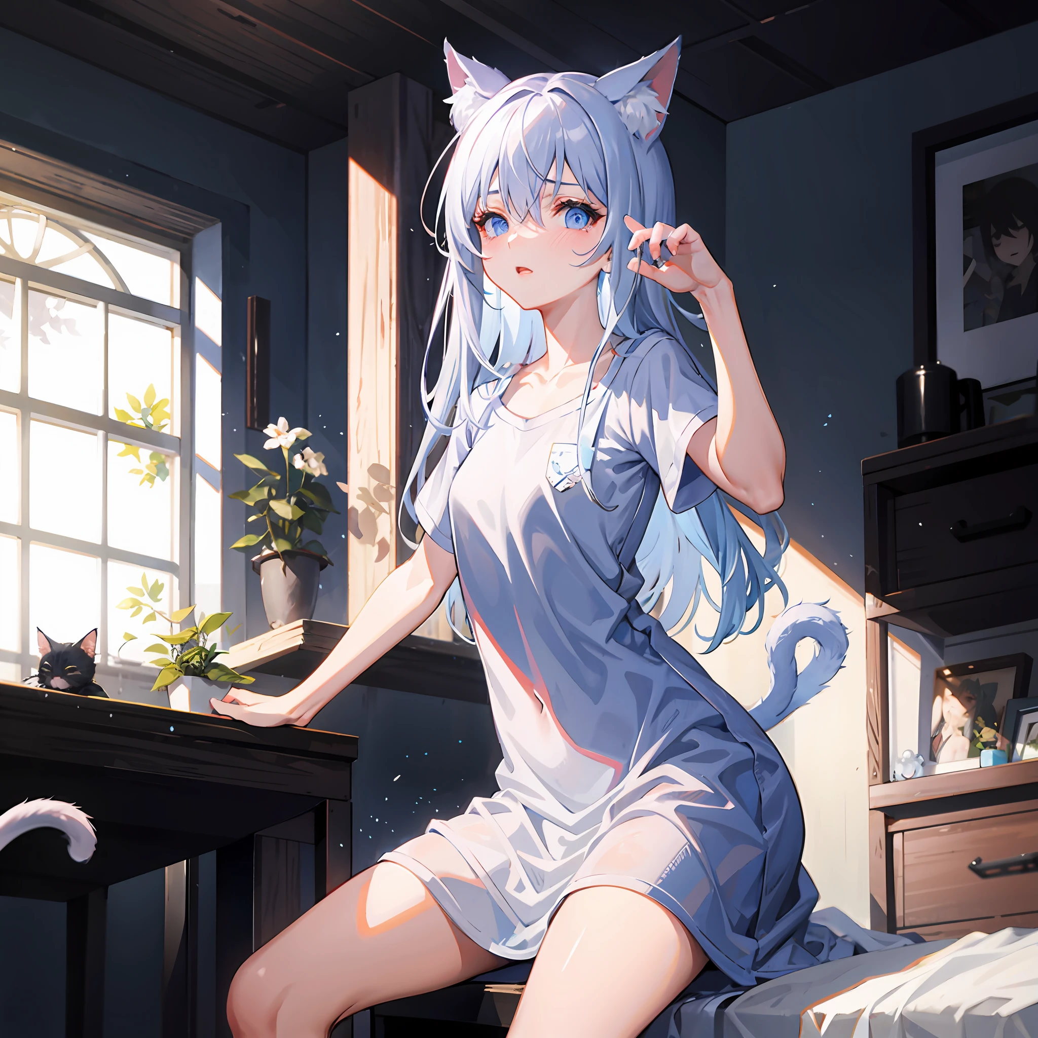 masutepiece,Best Quality,ultra-detailliert,Two hands,Two legs,Five Fingers,best faces,1 girl,Blue Long Hair,timid,Cat ears,pale blue eyes, Height 145cm,small tits,Big shirt,Yawn, Stretch your body,Close one eye,Teary-eyed, Sit on the bed,light coming through the window,Cat tail,In face