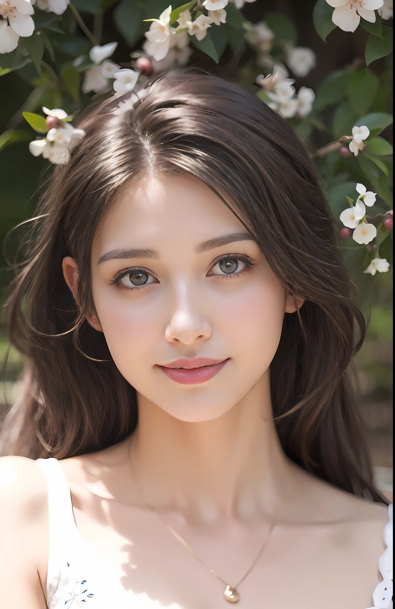 ((best qualtiy)),((tmasterpiece)),(The is very detailed:1.9),a close up of a woman with a long hair wearing a dress,A subtle smile,Autumn water in the eyes,Face peach blossoms,Cherry small mouth,