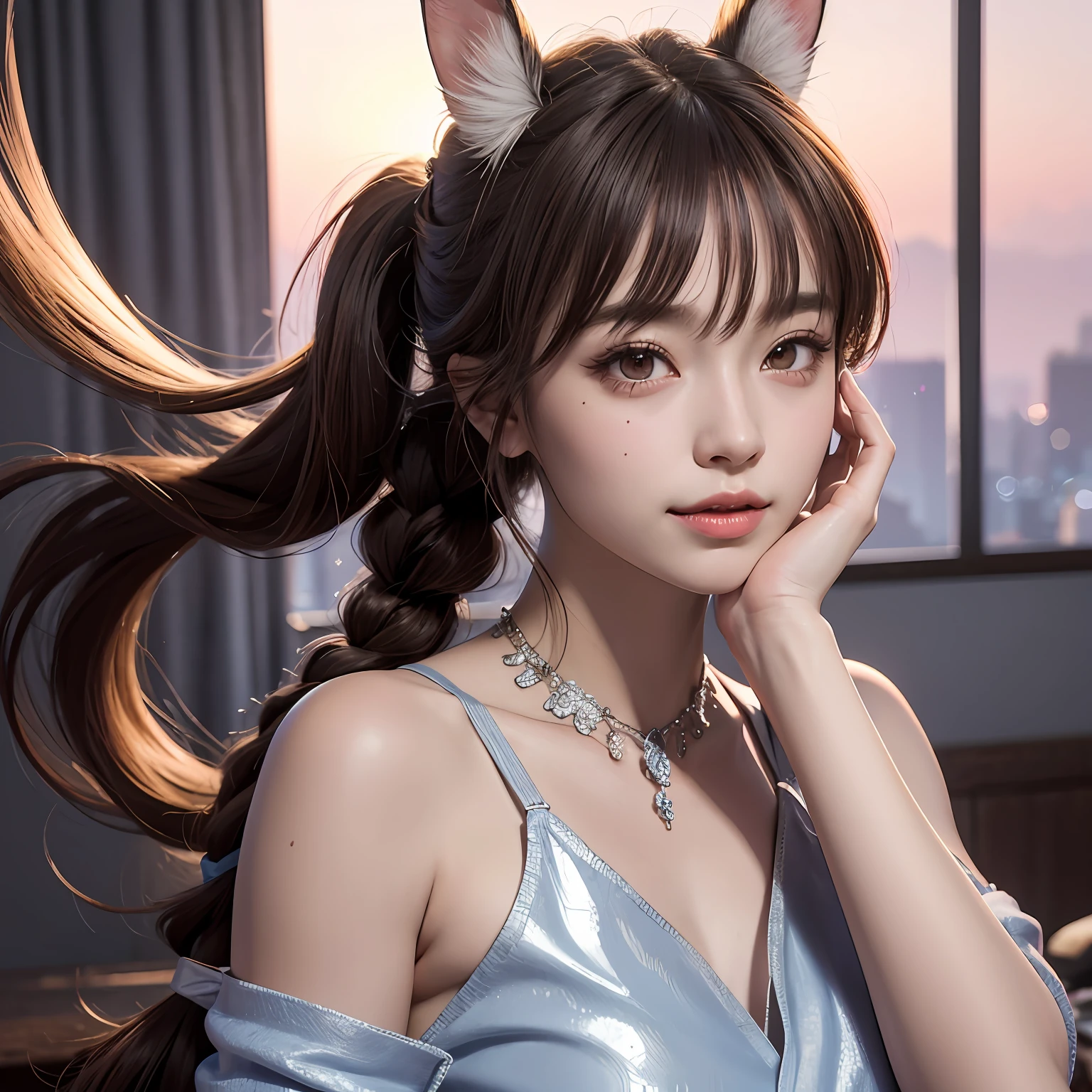 hair bobbles, wince, long eyelasher, solid circle eyes, Light smile, Fang, Shiny hair, Rabbit ears, Bright pupils, Light brown hair, Blunt bangs, tri tails, braidedponytail, side swept bangs, Single braid, butterfly hair ornaments, Moles under eyes, Pink eyes, surrealism, shadowing, anaglyph, stereograms, tachi-e, angle of view, Atmospheric perspective, Sparkle, god light, art-deco, Social realism, High detail, 8K, Super detail, Best quality, Textured skin, Masterpiece, Anatomically correct, ccurate