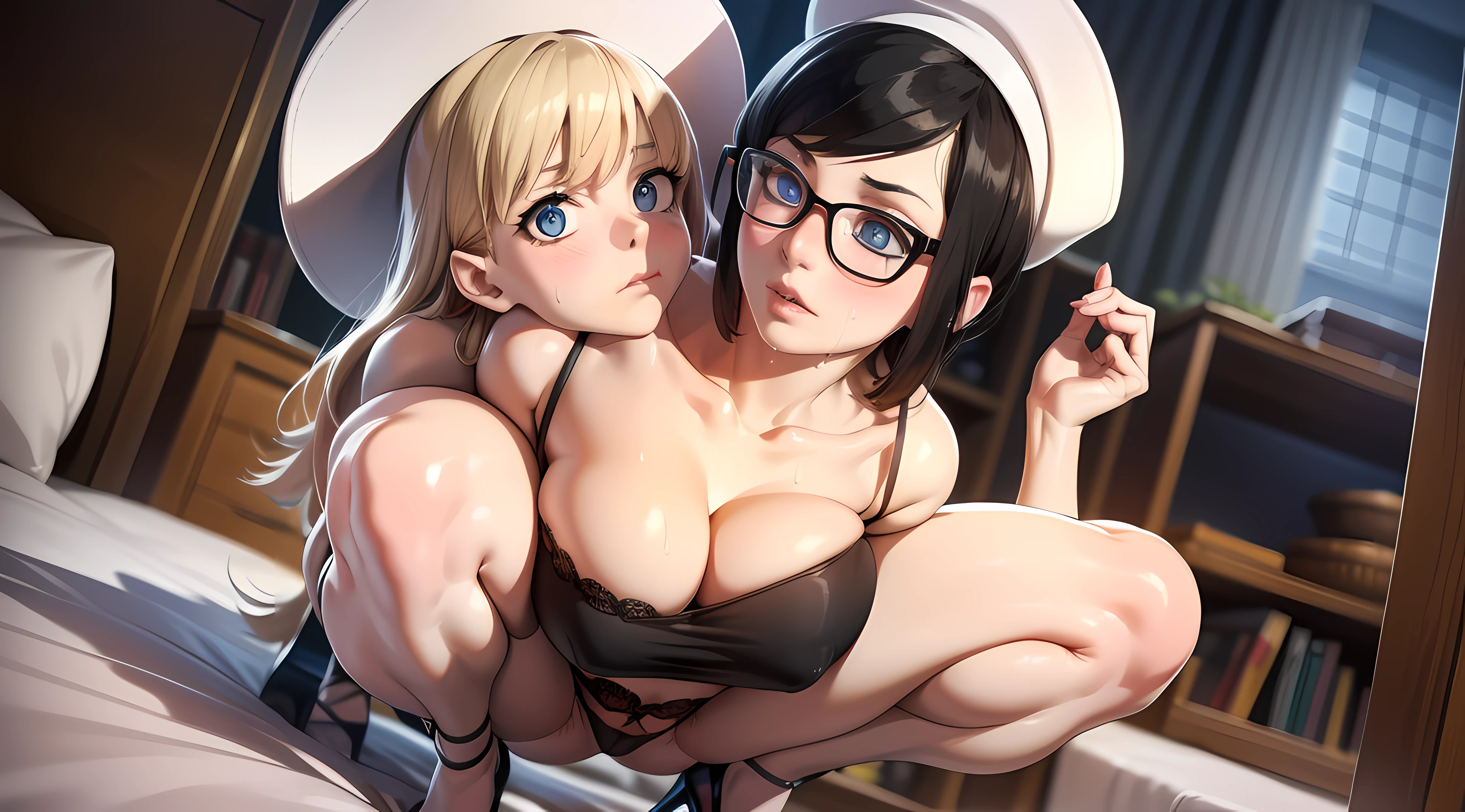 Masterpiece, Best quality, Realistic, Photorealistic, Great lighting, Ultra-detailed, Dynamic Angle, Perfect face, (Bright lighting:1.2),Beautiful detailed eyes, Extremely detailed face, Perfect lighting,

1girll, Black double tail hair, Glasses,

White nurse costume, white nurse hat, Stockings, High-heeled shoes, ((Black panties, Carmelto)),

composition looking up from below, Room, Bed, (M legs, crouched), lifting up skirt, 

Sweaty, Wet body, Navel out, Thighs sticking out, buttocks, Large of breast, Slim, Slender, Translucent body, Transparent, Embarrassed expression, Blush,