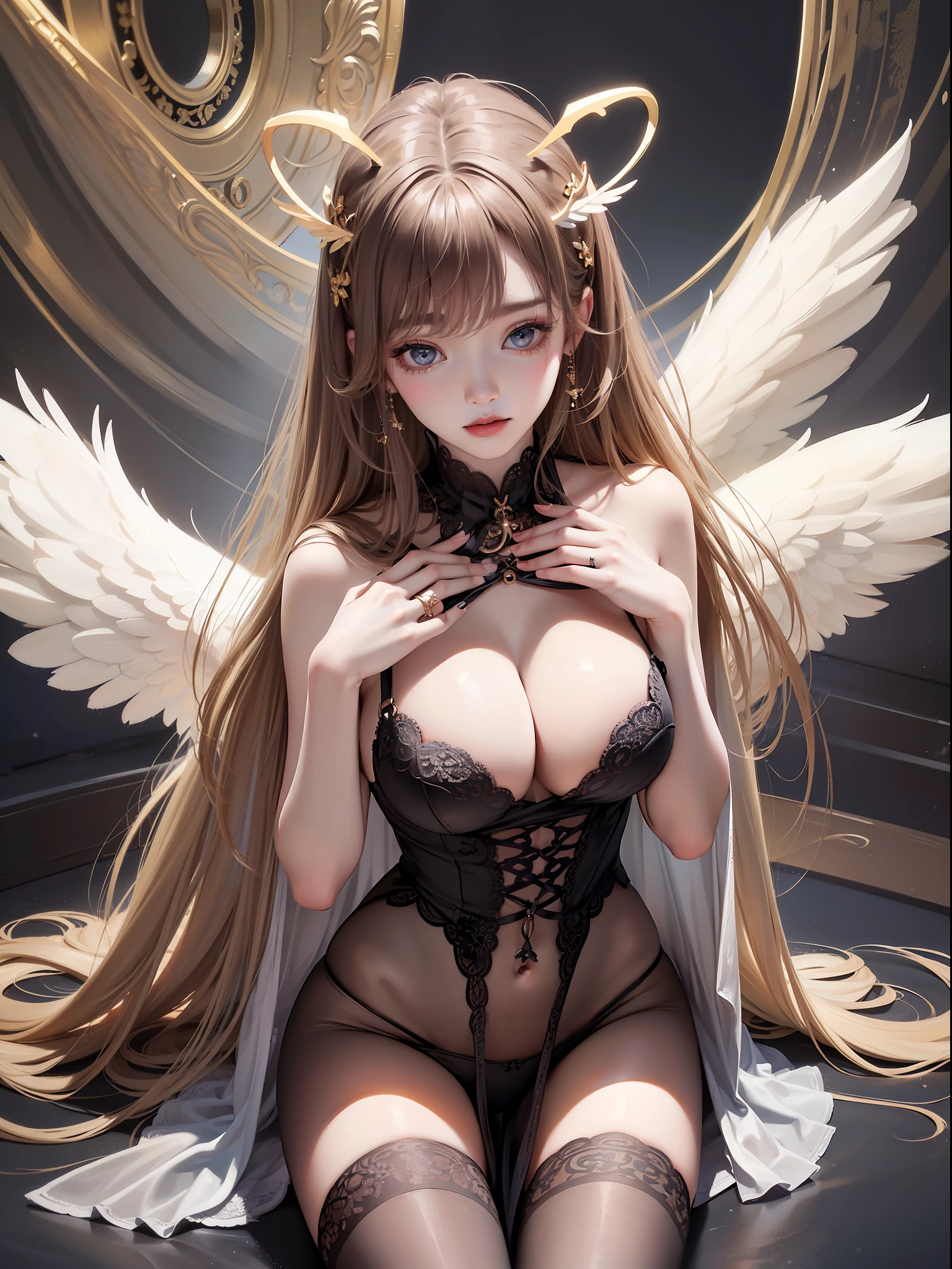 masuter piece, best qualtiy, (realisitic, Photorealsitic:1.3), ((独奏)), 8K image quality, Extremely delicate and beautiful, splendid, Official art with attention to detail, Ridiculous, Unbelievably ridiculous, huge filesize, ultra-detailliert, ighly detailed, (Petite and cute girl), (detailed girl), extremely detailed eye and face, Beautiful detailed eyes, Light makeup,, (Perfect female figure), large full breasts, Slim waist, big butts, (Korean  beauty), ((fullllbody)), ((Put the head in the frame)), ((Circle of Angels)), ring of angels, Angel effect, Sacred Effects, (Beautiful cute 18 year old Korean girl:1.2), [(angelicales:1.3), (((Angel wings:1.4))), ((starryskybackground))