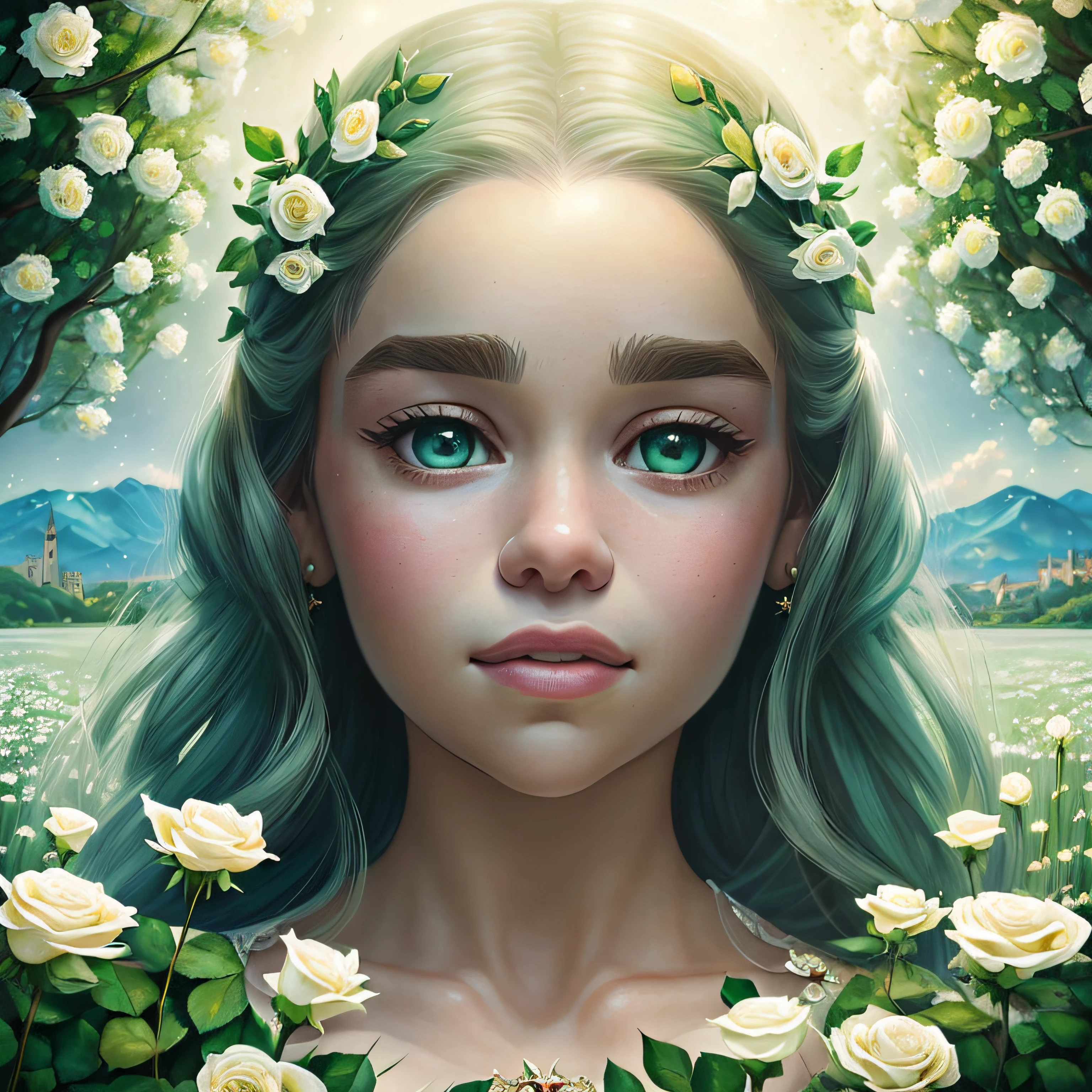 (((meio retrato))), (((there Emilia Clarke has green eyes is angry looking at a field of white flowers and fire ))), (((Castle is visible from the background))), (((galaxia incrivel de fundo))), (((estrelas vermelhas sao visiveis no ceu))), (((it's at night))), Beautiful digital illustration, painting digital adorable, pintura realista da menina bonito, retrato bonito da arte da fantasia, retrato bonito da fantasia, bela arte digital, stunning digital illustration, a beautiful artwork illustration, Digital painting nice, lindo pintura digital, retrato da arte da fantasia, bela arte digital, (((usando brincos de rosas))), usando gargantilha com um pingente pequeno, Reflexo realista, pintura realista, obra de arte, obra prima,