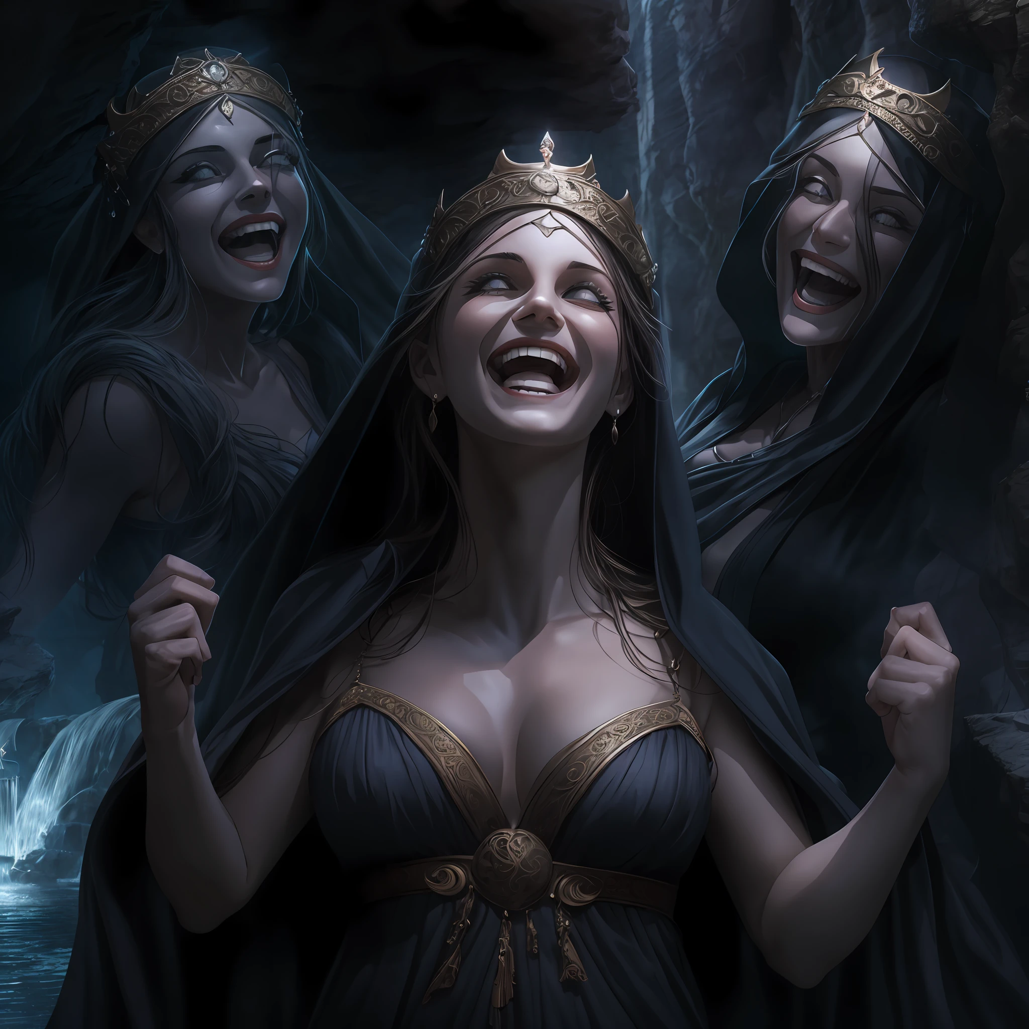 3 greek goddess of fate, pale skinned, in dark robe and veil, laughing eerily, dark and stony cavern, fountain of night, Greek Mythology, ominous atmosphere, description of ultrra-accurate hands, photorealistic, super detail, masterpiece, best quality, highres, 8k