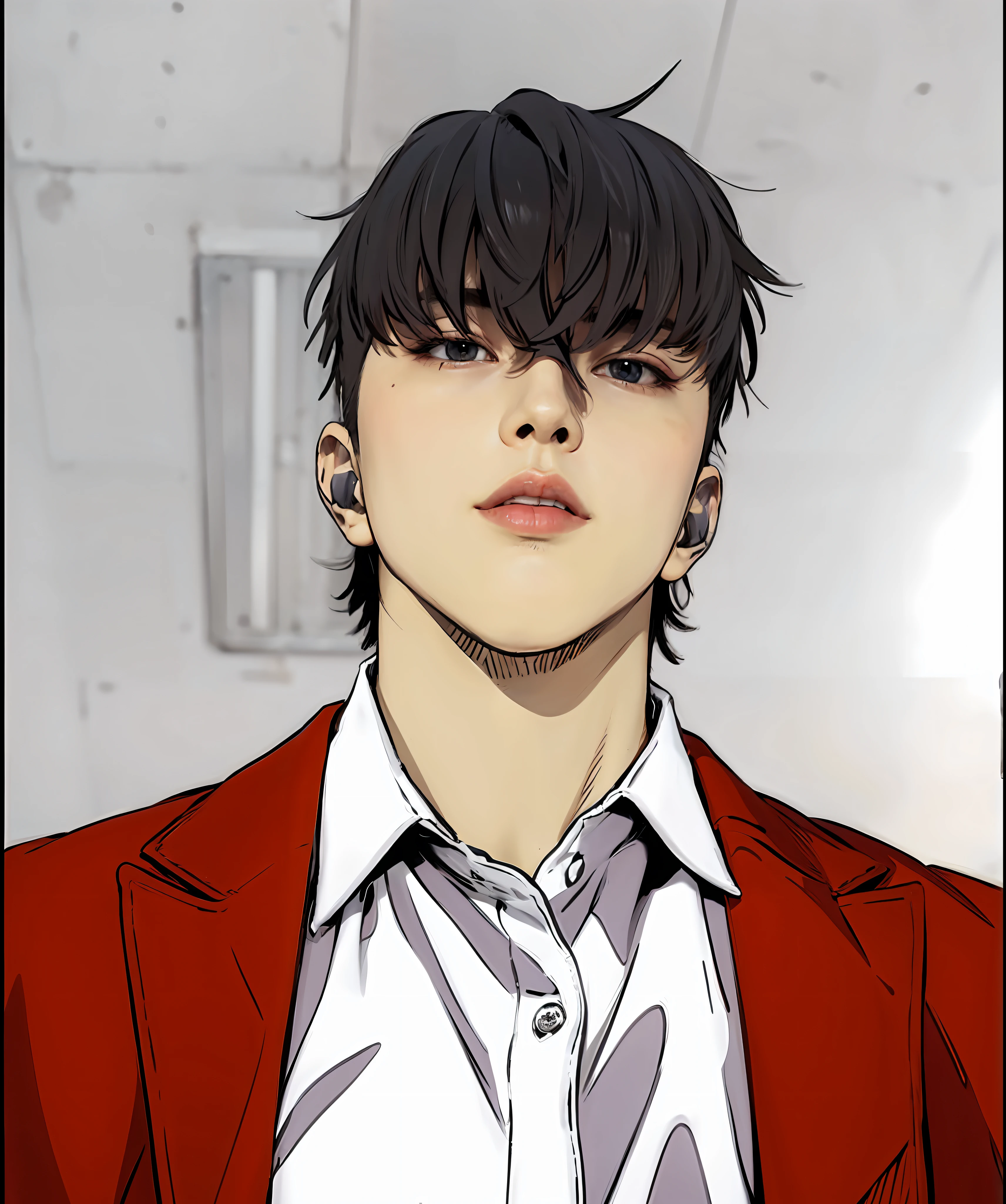 masterpiece, 1boy, mullet cut hair, school uniform, collared shirt, red blazer, buttoned shirt, close up, looking down at viewers