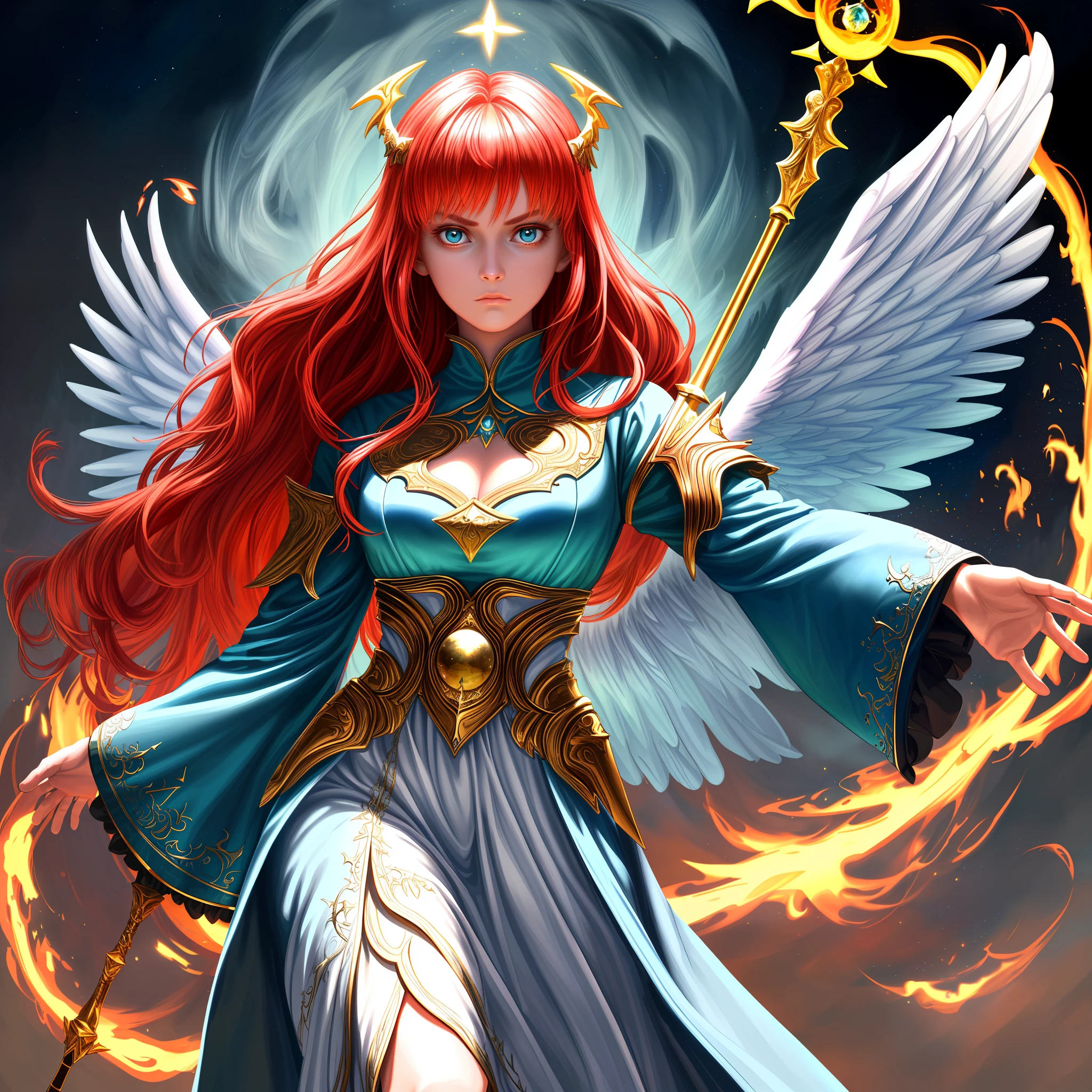 8k, ultra detailed, masterpiece, best quality, (extremely detailed), arafed, dnd art, panoramic view, full body, aasimar sorceress casting a flaming spell, aasimar, female, (Masterpiece 1.3, intense details), female, sorceress, casting flaming spell (Masterpiece 1.3, intense details) large angelic wings, azure angelic wings spread (Masterpiece 1.3, intense details), fantasy magical background (Masterpiece 1.5, intense details), moon, stars, clouds, wearing white robe, flowing robe (Masterpiece 1.3, intense details), high heeled boots (Masterpiece 1.3, intense details), armed with staff, red hair, green eyes, intense eyes, feminine, ultra detailed face, (Masterpiece 1.5, best quality), anatomically correct (Masterpiece 1.3, intense details), determined face, divine light, cinematic lighting, soft light, silhouette, photorealism, panoramic view (Masterpiece 1.3, intense details) , Wide-Angle, Ultra-Wide Angle, 8k, highres, best quality, high details