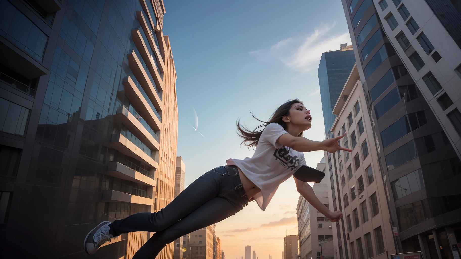 (mejor calidad, obra maestra), estilo ultra realista, Falling from a skyscraper, Angle Dynamic, slowed animation, edificio al fondo, fondo de ciudad, gran altura, persona que cae con ropa casual, Shadows Dramatic, Dynamic light effects, ambiente de atardecer, emocionante e impactante.