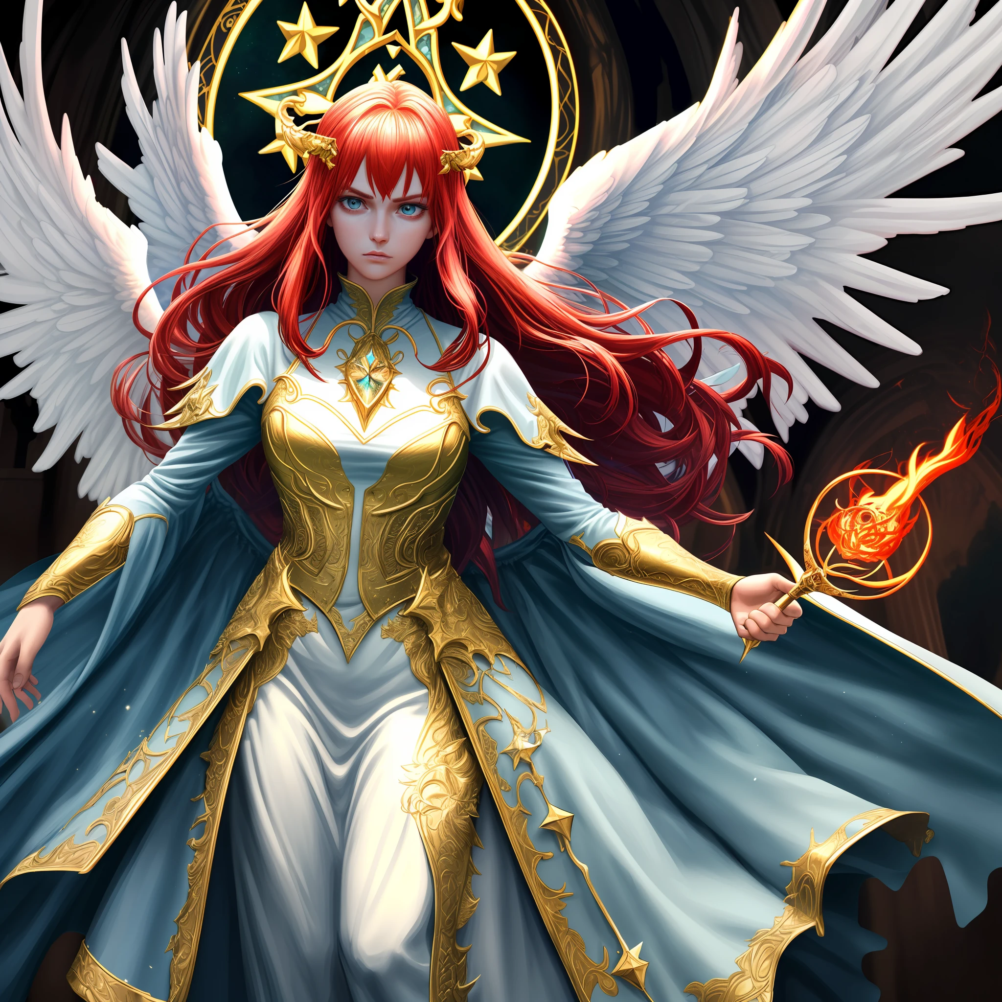 8k, ultra detailed, masterpiece, best quality, (extremely detailed), arafed, dnd art, panoramic view, full body, aasimar sorceress casting a flaming spell, aasimar, female, (Masterpiece 1.3, intense details), female, sorceress, casting flaming spell (Masterpiece 1.3, intense details) large angelic wings, azure angelic wings spread (Masterpiece 1.3, intense details), fantasy magical background (Masterpiece 1.5, intense details), moon, stars, clouds, wearing white robe, flowing robe (Masterpiece 1.3, intense details), high heeled boots (Masterpiece 1.3, intense details), armed with staff, red hair, green eyes, intense eyes, feminine, ultra detailed face, (Masterpiece 1.5, best quality), anatomically correct (Masterpiece 1.3, intense details), determined face, divine light, cinematic lighting, soft light, silhouette, photorealism, panoramic view (Masterpiece 1.3, intense details) , Wide-Angle, Ultra-Wide Angle, 8k, highres, best quality, high details