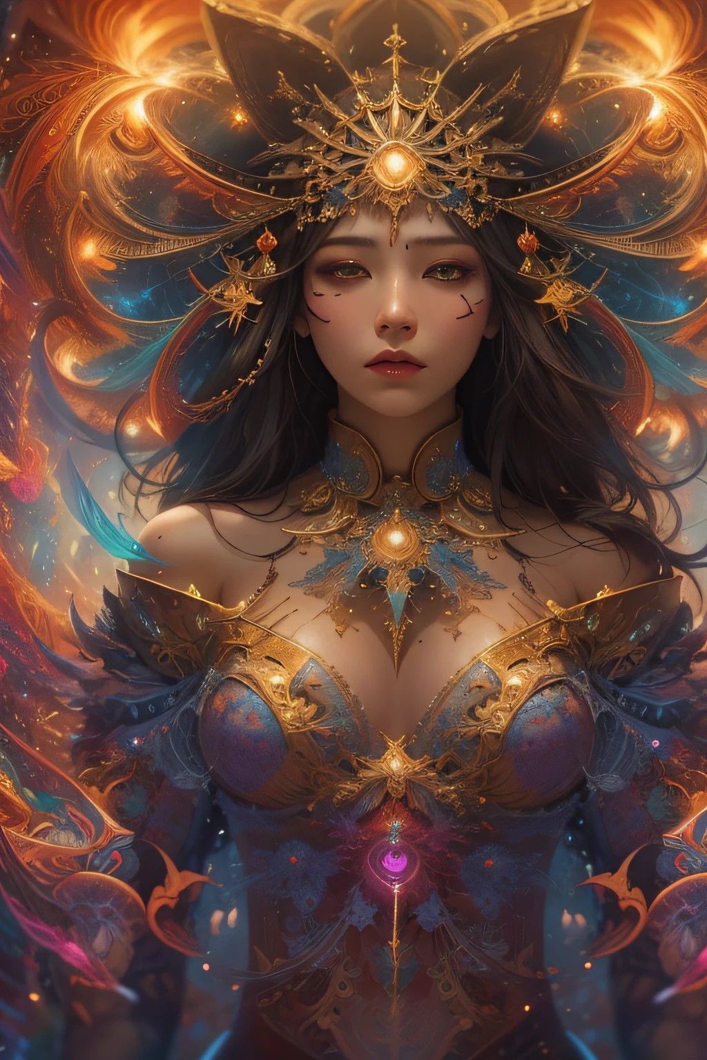 Beautiful latino woman、full body Esbian、looking at the viewers、Symmetrical and、Close your eyes、slight smile、Spitarian awakening、intricate-detail、
cosmic、Ethereal、Mystical、Complex environments、Brush Stoke、illuminating、
(Fractal Art:1.5)、(glint)、(spark of light)、​masterpiece、超A high resolution、hightquality、