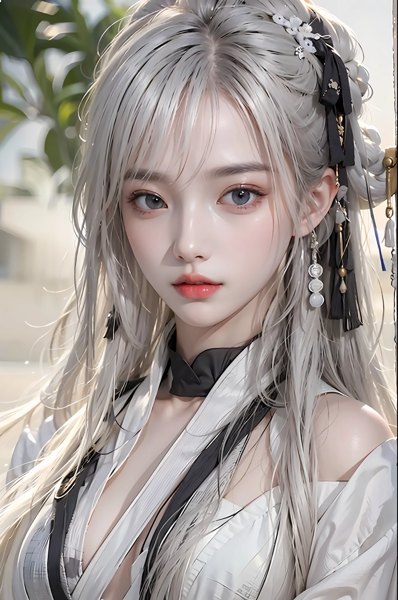 photorealistic, high resolution, 1 girl, white long hair, black eyes, chinese style, hanfu, normal breast