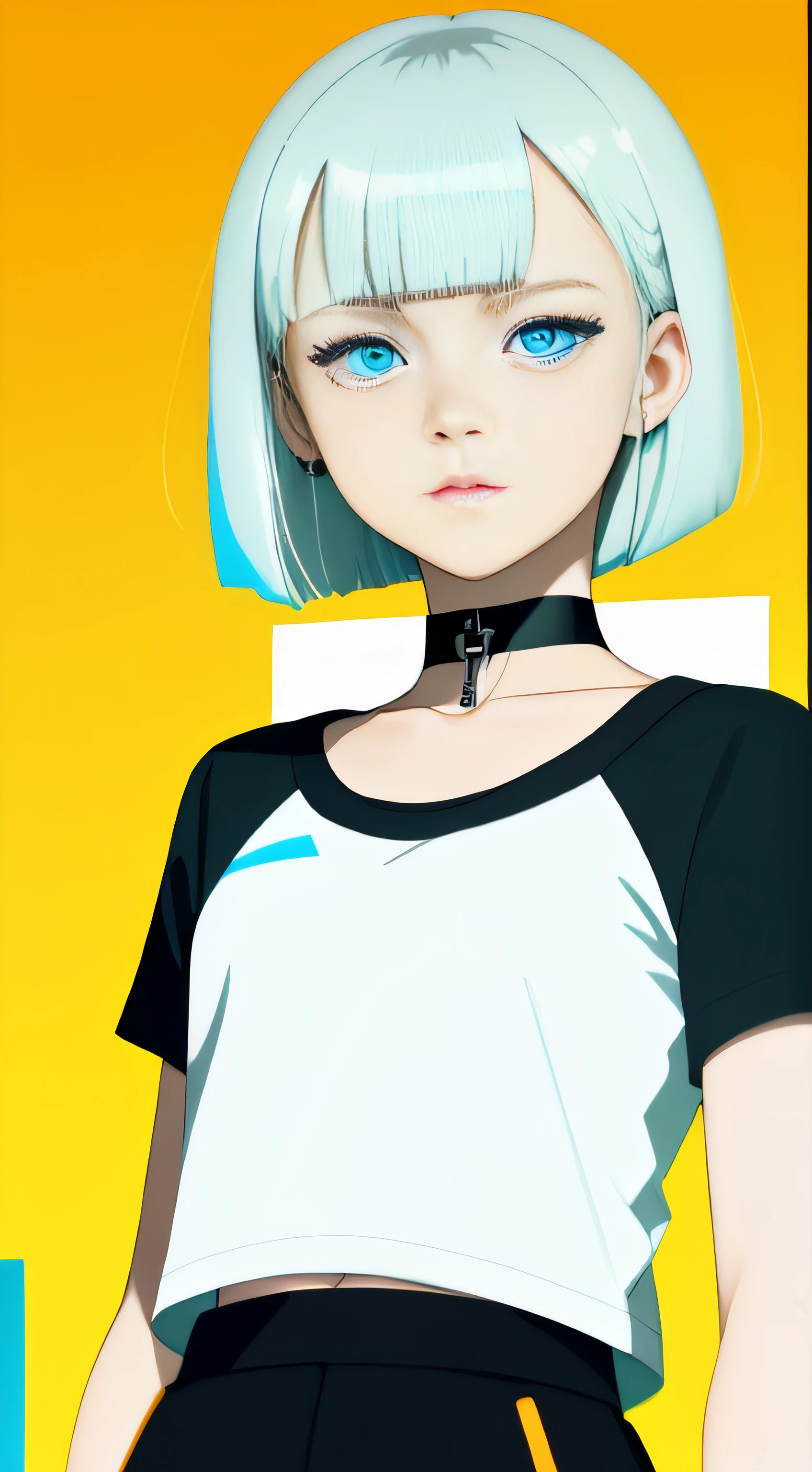 (Optimum quality),(masterpiece),(High definition).bianping, 1girl, solo, freckles, choker, white hair, blue eyes, short hair, parted lips, black choker, raglan sleeves, simple background, shirt, upper body, bangs, short sleeves, orange background, dark-skinned female, dark skin. .