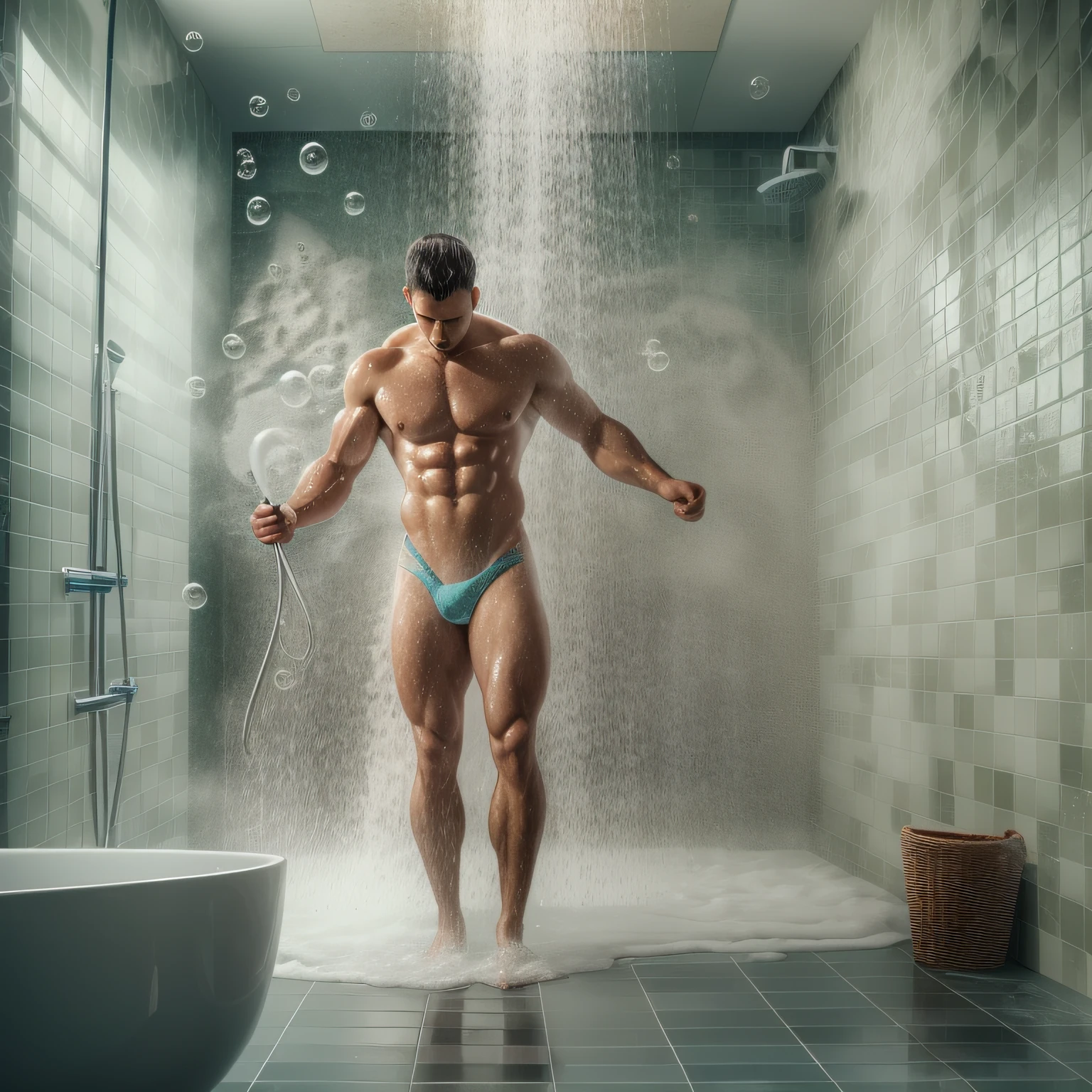 A heavily built naked athlete with a broad chest and a slim waist taking a shower under a cascading downpour, steam enveloping the scene, soapy bubbles floating around, modern tiles, bright modern bathroom setting, medium view, seen from a low angle