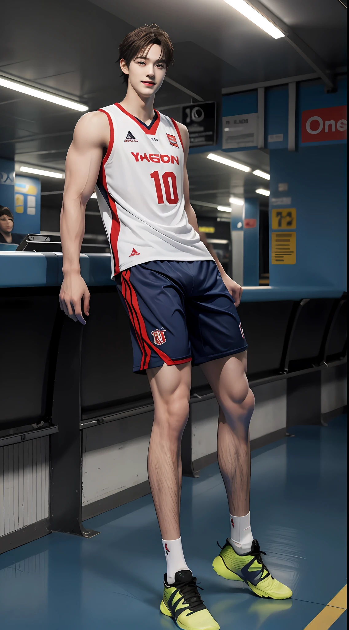 (A lovely Shota),full bodyesbian,Heads-up view,malefocus,Looking_at_peeping at the viewer,Male_Focus, old,Awl face,Tall,(Tall guy:2),Super tall,(300cm height:2),Excellent body proportions,(slender leg:2),1.The legs are 5 times longer,small heads,(Cute and beautiful boy:2),(The face of an anime man),(Very detailed beautiful face and eyes:2),(Big bright eyes:1.2),Sharp eyeliner,Clear and beautiful face,with short black hair,(Correct facial features),(low head:1.5),(having fun,grinning smile),Men's soccer jersey,men's hugedick shorts,Strong muscles,(Wide shoulders and narrow waist:2),Men's over-the-knee football socks,Basketball shoes,Detailed muscle texture,Highlights muscle structure,In the subway,(Sit on your knees:3),(full length shoot),Full leg shooting,hyper photorealism, (Photorealistic detail), Incredible accuracy, lifelike textures, masterful technique, Jaw-dropping precision, artistic dedication,(anatomy correct),a slight light,exquisite detailing,Best quality,stunning masterpiece,CG