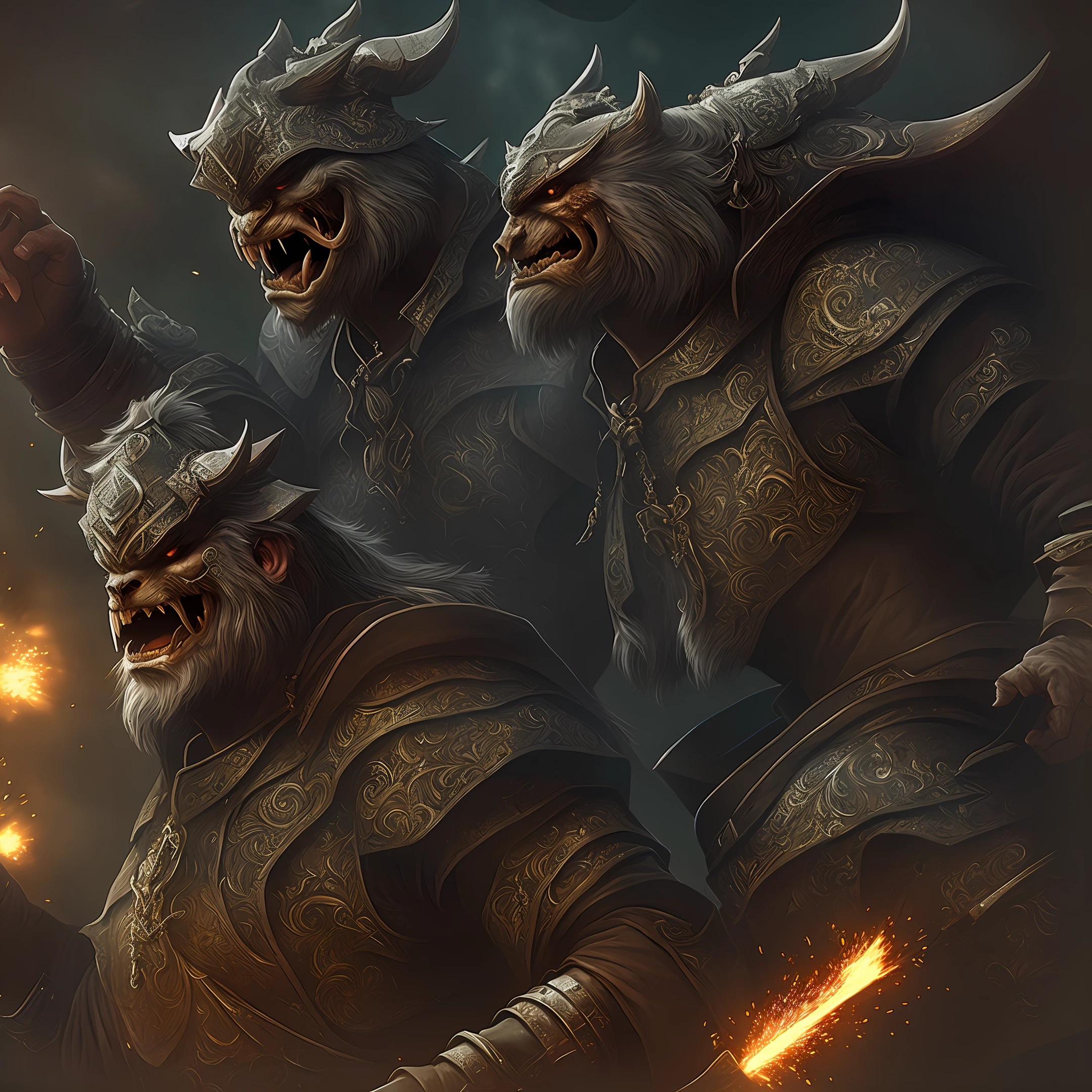 Compete for dominance,super detailing,Sense of light and shadow,There are many characters,8k,Dark tones,Wild Land,Gods and demons,The texture is fine,Impresionismo