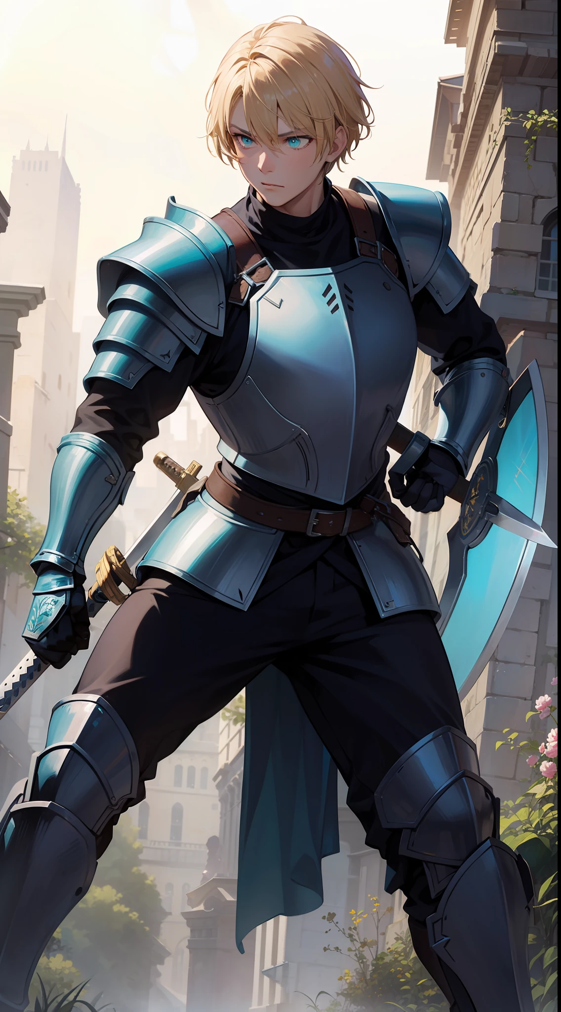 Tall guy, short blonde hair, Cyan eyes, knight armor, sword, shield, combat stance, Masterpiece, hiquality