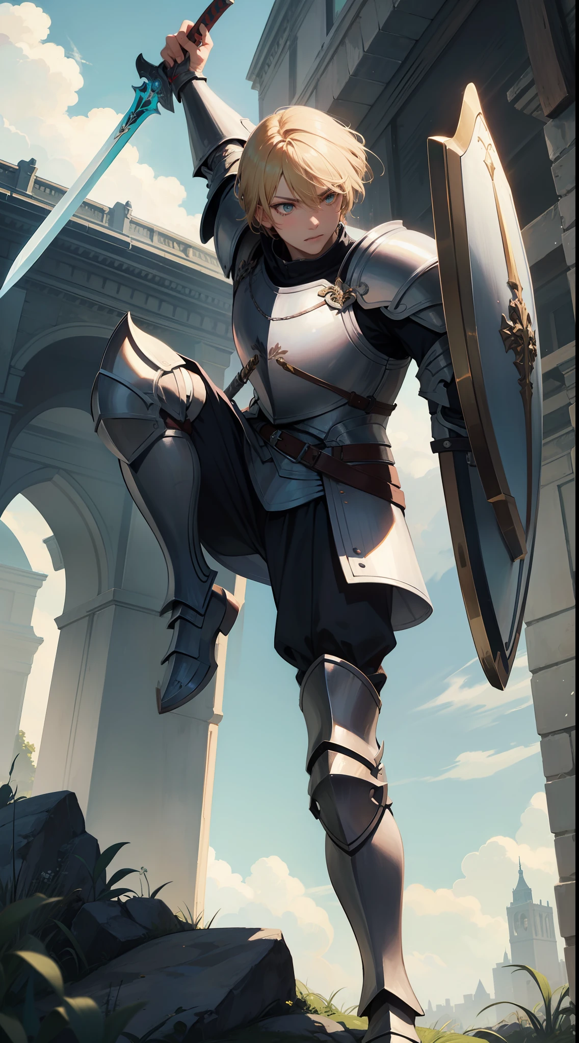 Tall guy, short blonde hair, Cyan eyes, knight armor, sword, shield, combat stance, Masterpiece, hiquality
