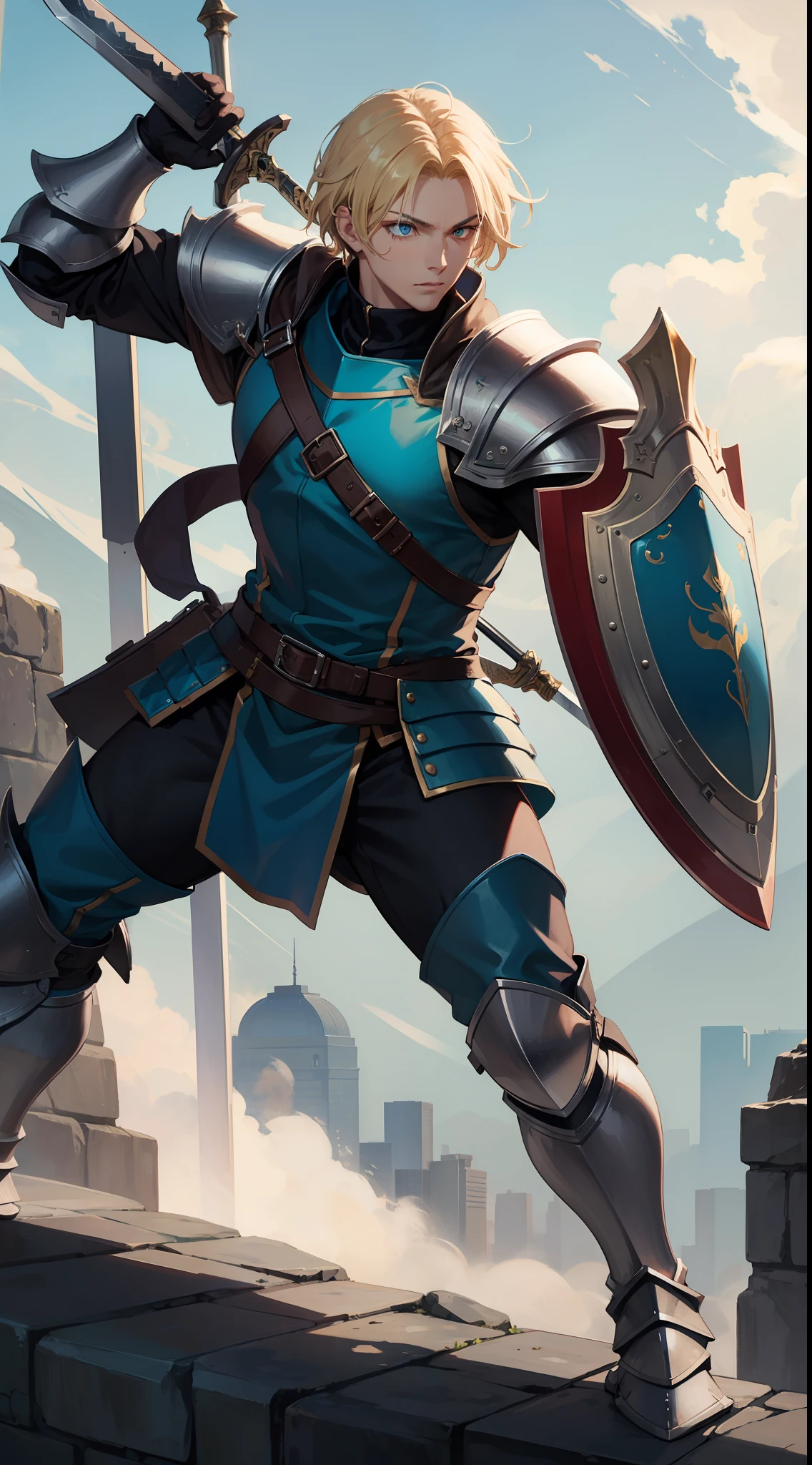 Tall guy, short blonde hair, Cyan eyes, knight armor, sword, shield, combat stance, Masterpiece, hiquality