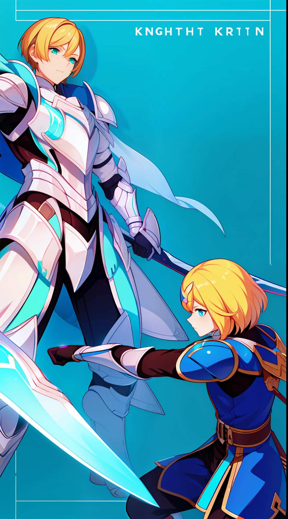 Tall guy, short blonde hair, Cyan eyes, knight armor, sword, shield, combat stance, Masterpiece, hiquality