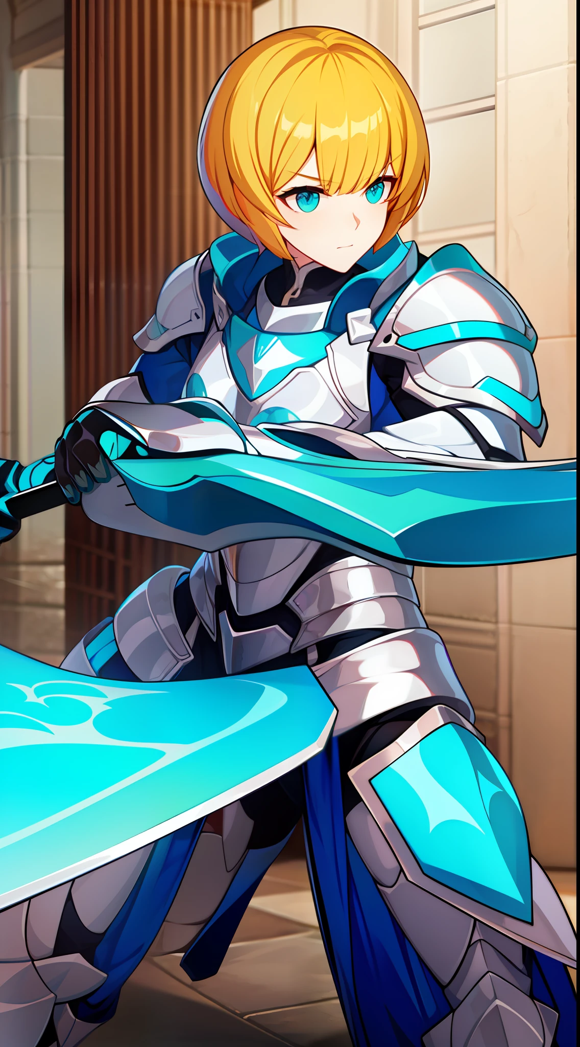 Tall guy, short blonde hair, Cyan eyes, knight armor, sword, shield, combat stance, Masterpiece, hiquality