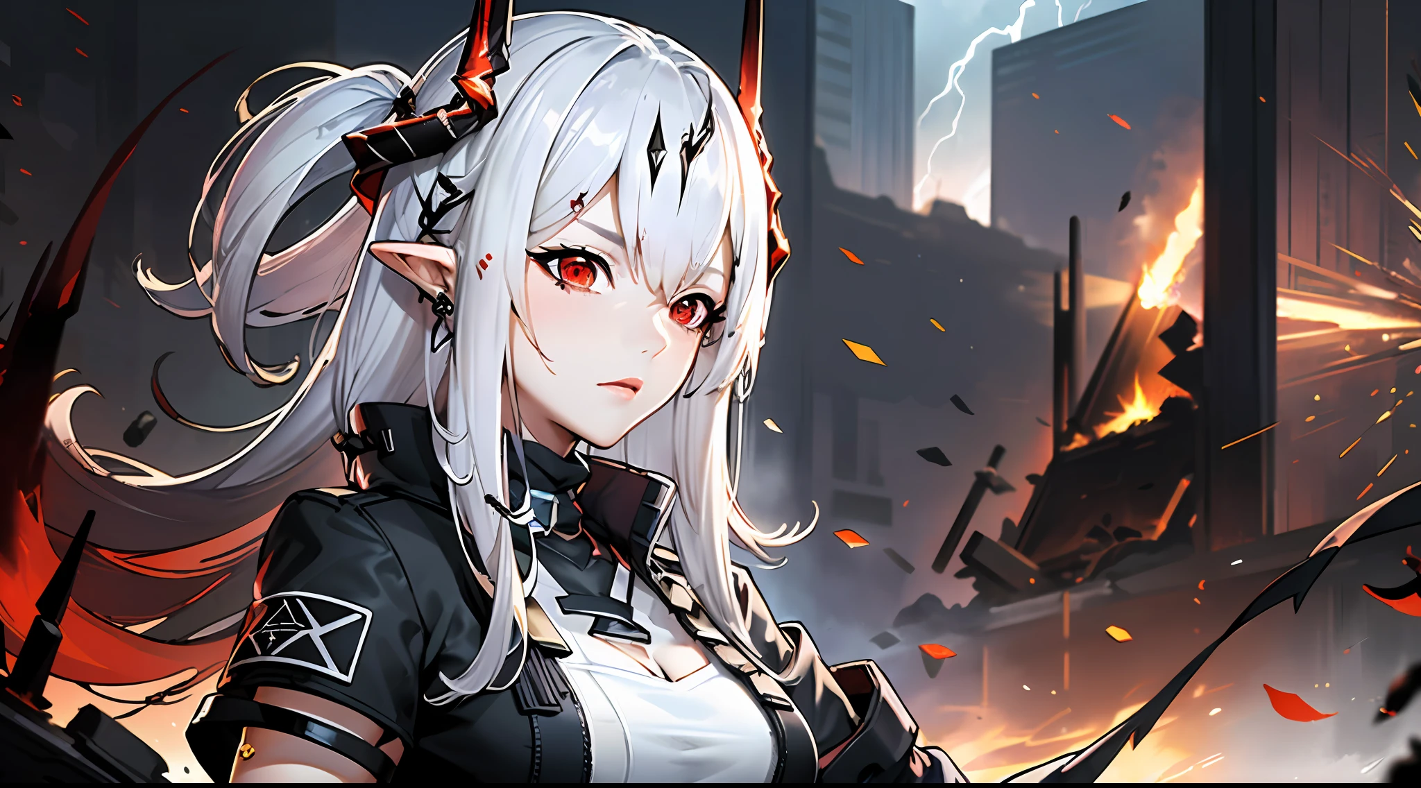 (floating and spread hair:1.2), (detailed and delicate and flexible eyes),(1girl,solo,arm, oripathy lesion (arknights),splash ink,angry.open_mouth,shout,white hair,red eyes, hair ornament, pointy ears,oripathy lesion (arknights), infection monitor (arknights),black horns,Clothes are damaged,Injuries, abrasions:1.2),mudrock (arknights), (corrpution,cowboyshot:1.15), kda, fov,f/1.8, side lighting, sunlight on people (masterpiece, best quality, Ultra Detail, wallpaper, detailed shiny skin, flawless, 8k, RAW, highres,absurdres,:1.3), (detailed super oily shiny skin:1.1),[wet:0.8|mucus], colorful, power scene,(imid shot:0.95), (Dynamic angle, upper body,Battlefield, artillery fire, ruins, ashes, lightning effects and Flame particle effect:1.2),