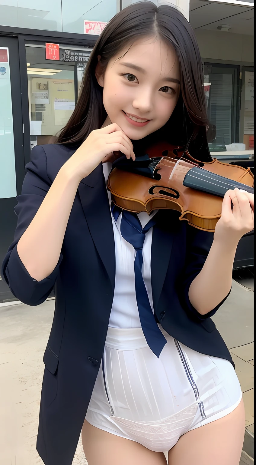 High school students in uniform、knit、playing violin、a junior high school student、sixteen years old、short-cut、large full breasts、Show panties、opening legs、爆乳、Very detailed 8k wallpaper)、foco nítido、in detail、Drama、Delicate and beautiful schoolgirl、white  shirt、Navy blue ribbon at the collar、Dark blue pleated micro mini、、Sexy、A smile、Peek at the viewer、Beautiful graphics、Bright school building、Full of students、Show me your whole body、White Sox、