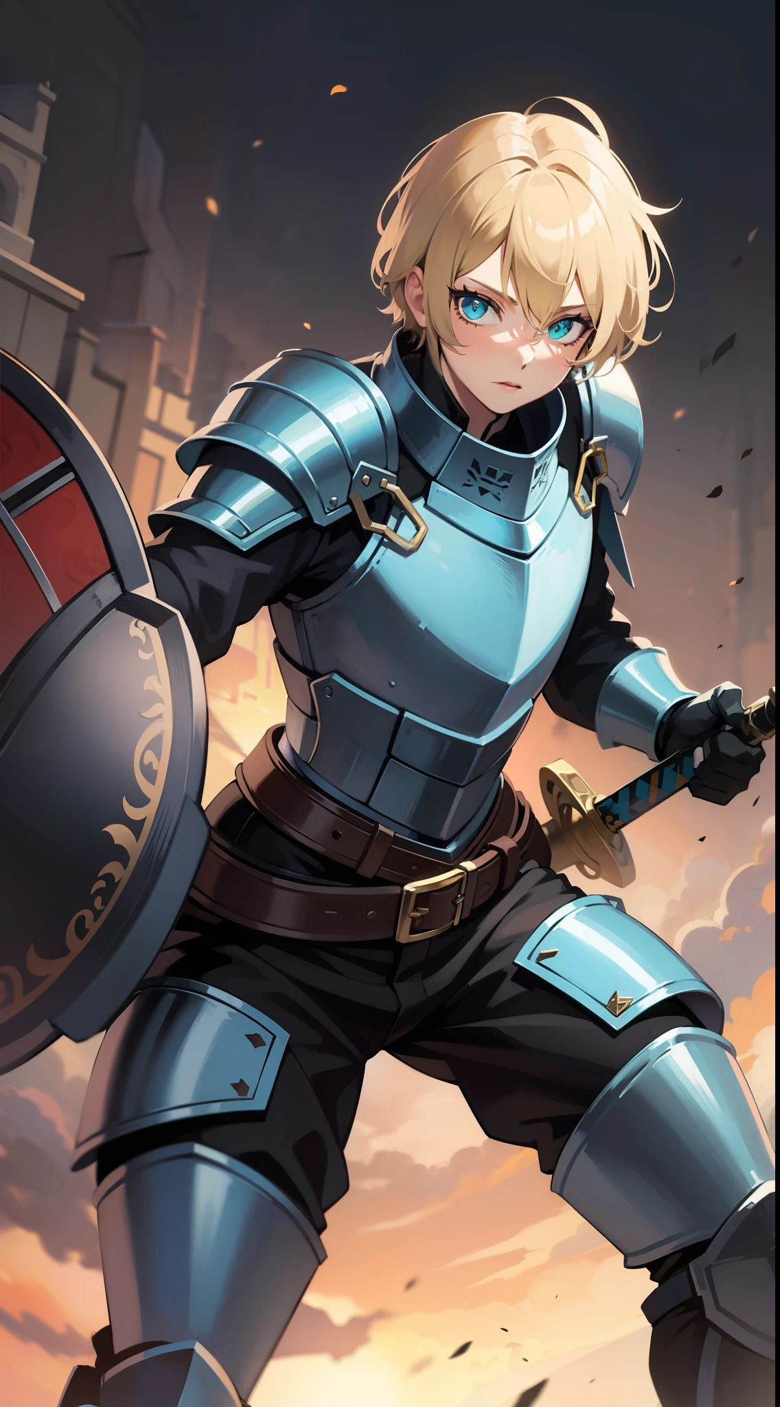 Tall guy, short blond hair, cyan eyes, knight armor, sword, shield, combat stance, Masterpiece, hiquality