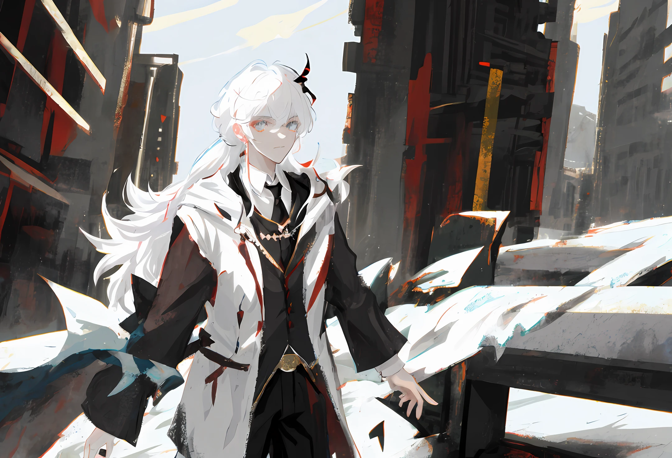 starryskybackground,Dark Department,White hair,starpupil