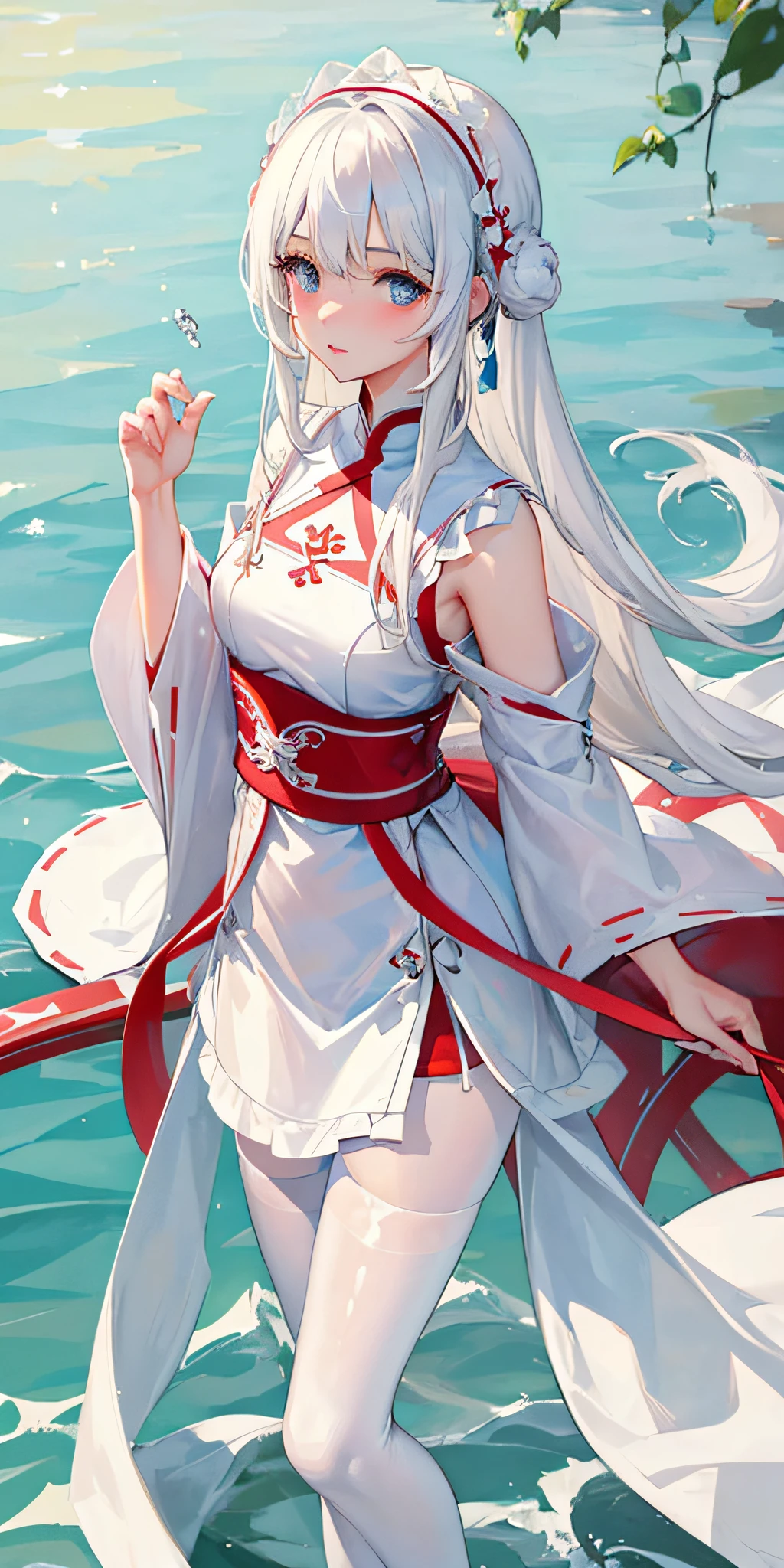 ((best quality)), ((masterpiece)), ( light), ,(),(a delicate and beautiful girl), (beautiful detailed eyes),, 1girl, beautiful, cute face, long hair, water,, ,white pantyhose, standing, chinese stlye architecture, ,water,,watercolor senery,, ,1girl,White hair,,,looking at viewer,red miko cloth