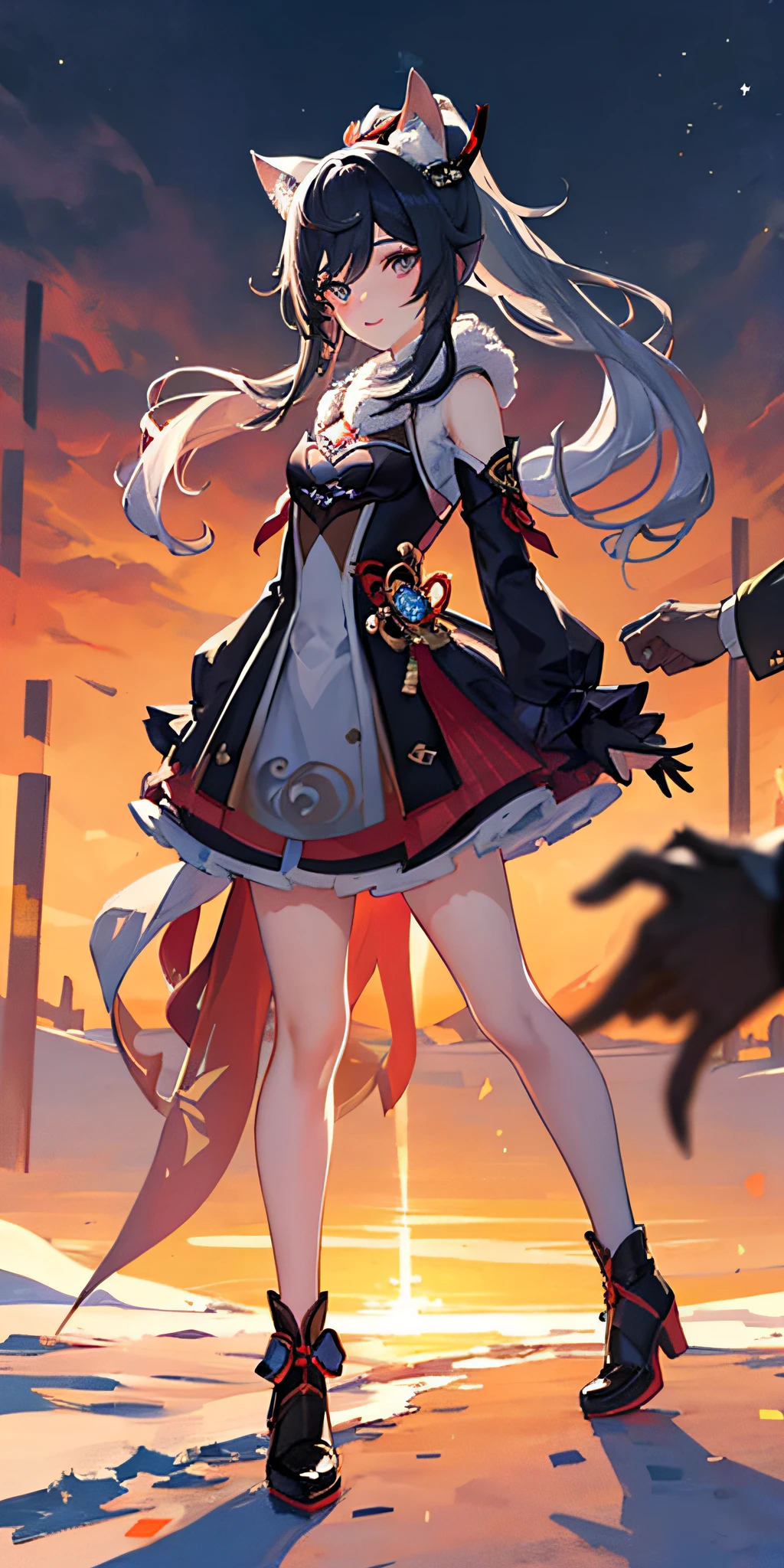 Cat Ear Girl, black ears, genshin impact,, portrait,1girl, small breasts,sunset, black long hair, masterpiece,best quality,full body,(detailed),Bright color,looking at viewer,stand,,solo,revealing dress,Elegant,arms behind back,fluffy skirt,solo focus,high ponytail,winter clothes