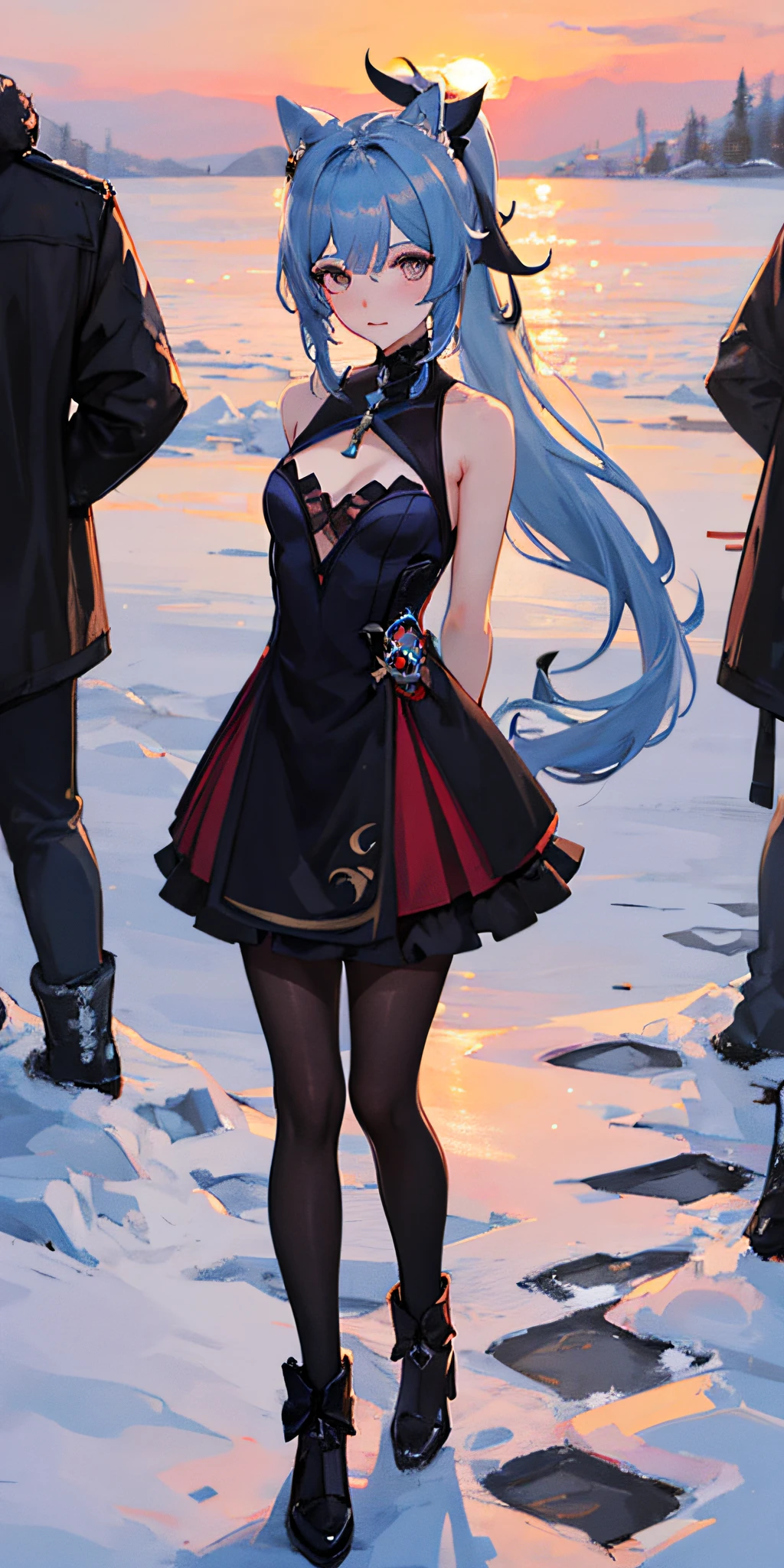 Cat Ear Girl, black ears, genshin impact,, portrait,1girl, small breasts,sunset, black long hair, masterpiece,best quality,full body,(detailed),Bright color,looking at viewer,stand,,solo,revealing dress,Elegant,arms behind back,fluffy skirt,solo focus,high ponytail,winter clothes