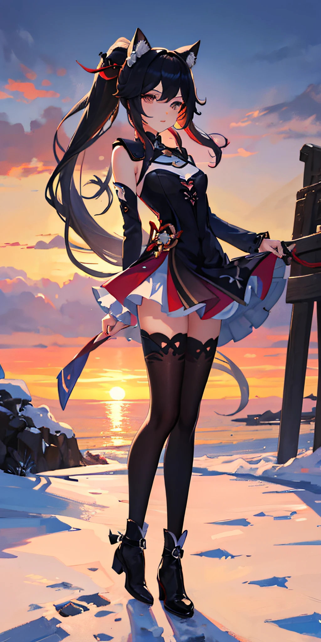 Cat Ear Girl, black ears, genshin impact,, portrait,1girl, small breasts,sunset, black long hair, masterpiece,best quality,full body,(detailed),Bright color,looking at viewer,stand,,solo,revealing dress,Elegant,arms behind back,fluffy skirt,solo focus,high ponytail,winter clothes