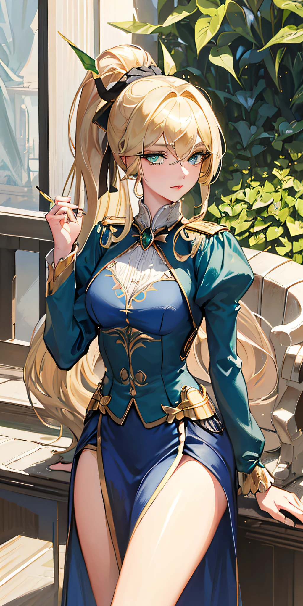 (an extremely delicate and beautiful lady),solosis,(20s),(domineering lady),((knight)),(delicate face),(beautiful detailed eyes),((green_eyes)),((sharp_eyes)),(long_eyelashes),blonde_hair,(ponytail),(disheveled hair),hair between eyes,meidum_breasthair_ribbon,((blue_golden_uniform)),