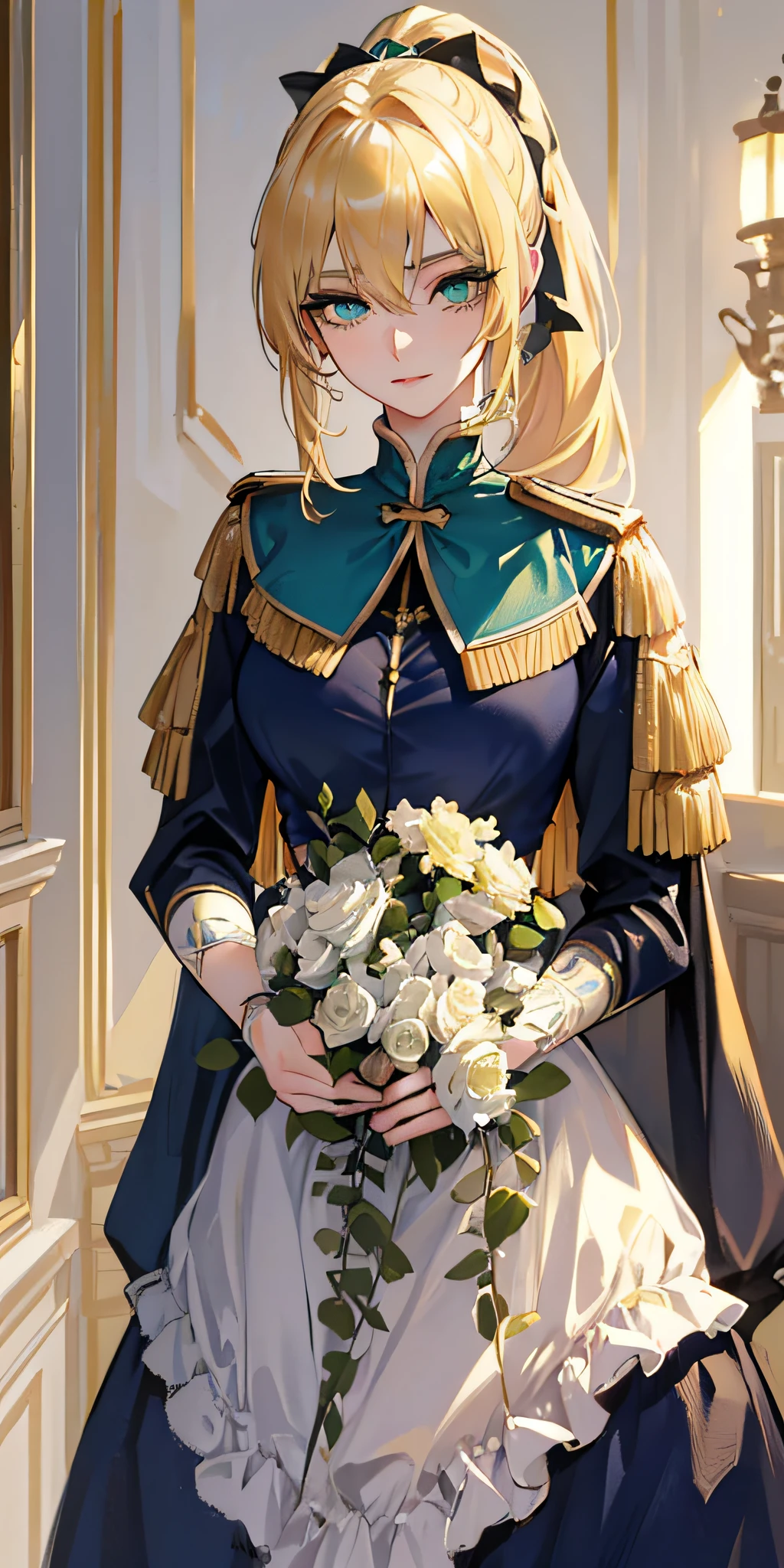 (an extremely delicate and beautiful lady),solosis,(20s),(domineering lady),((knight)),(delicate face),(beautiful detailed eyes),((green_eyes)),((sharp_eyes)),(long_eyelashes),blonde_hair,(ponytail),(disheveled hair),hair between eyes,meidum_breasthair_ribbon,((blue_golden_uniform)),